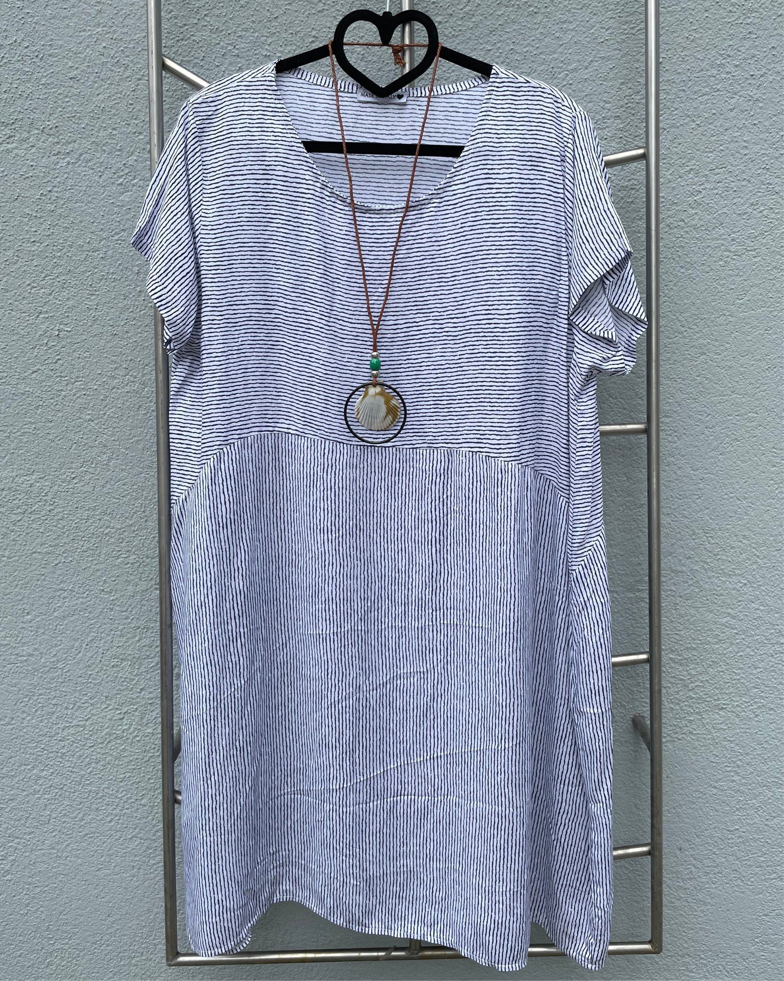 ITALY VIBES Shirtkleid - weites Midikleid SANDRA - kurzarm Kleid mit gratis Kette - ONE SIZE passt hier Gr. S - XXL weiß/blau