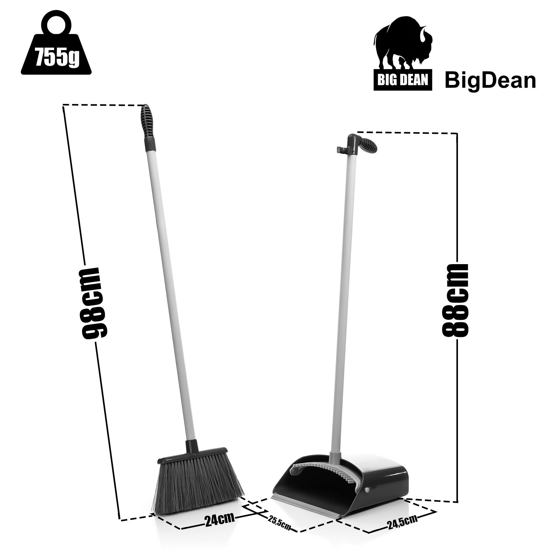 BigDean Kehrgarnitur Kehrschaufel Set mit Besen in Grau, ., (Set, 1-tlg., Besen + Kehrblech), Bückfreie Kehrgarnitur, Besen und Kehrblech, Klappbar