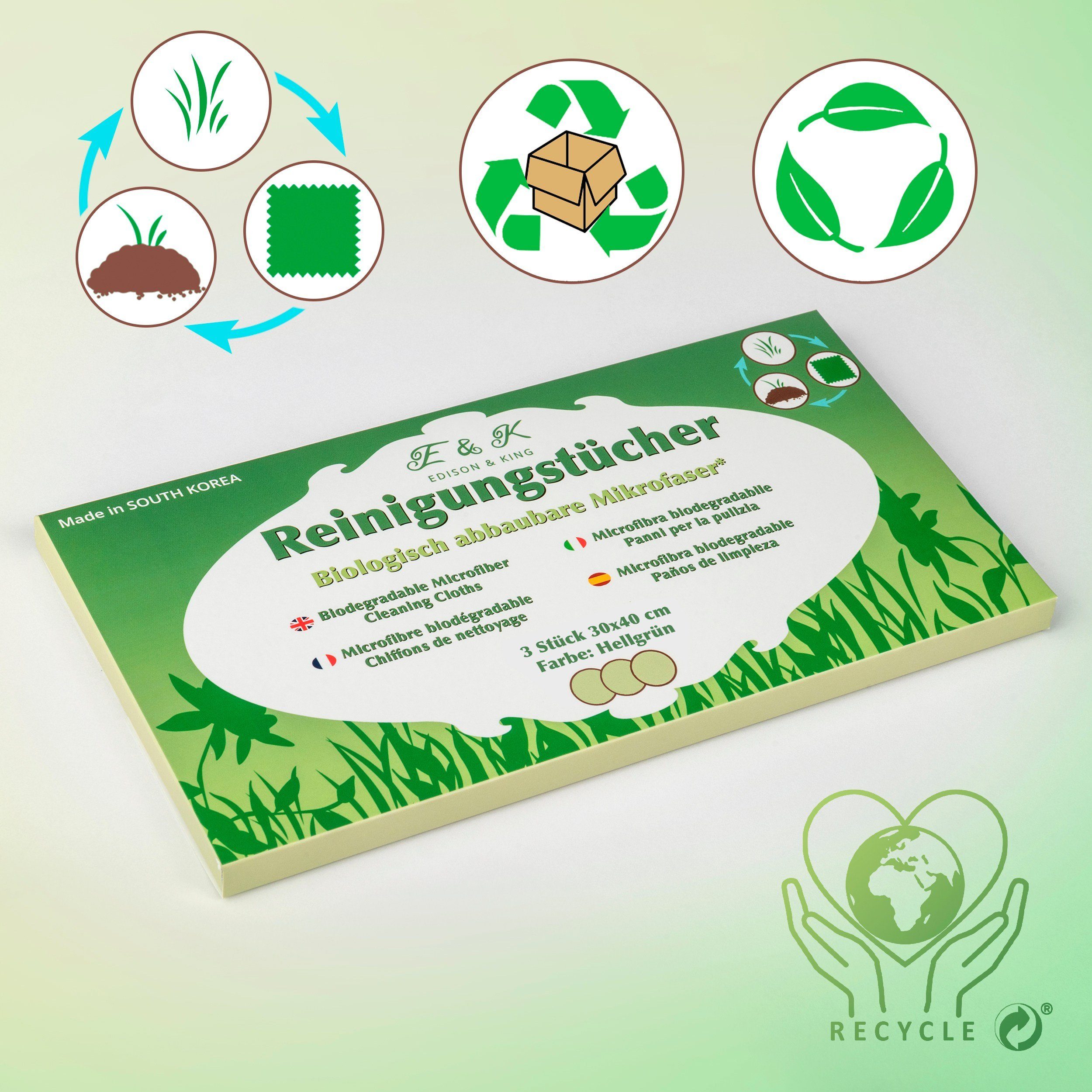 Edison & King biologisch abbaubare Mikrofasertücher, Multipack Mikrofasertuch (Microfaser, 30x40 cm, 3er Pack, 50% biol. abbaubar, Optikerqualität)