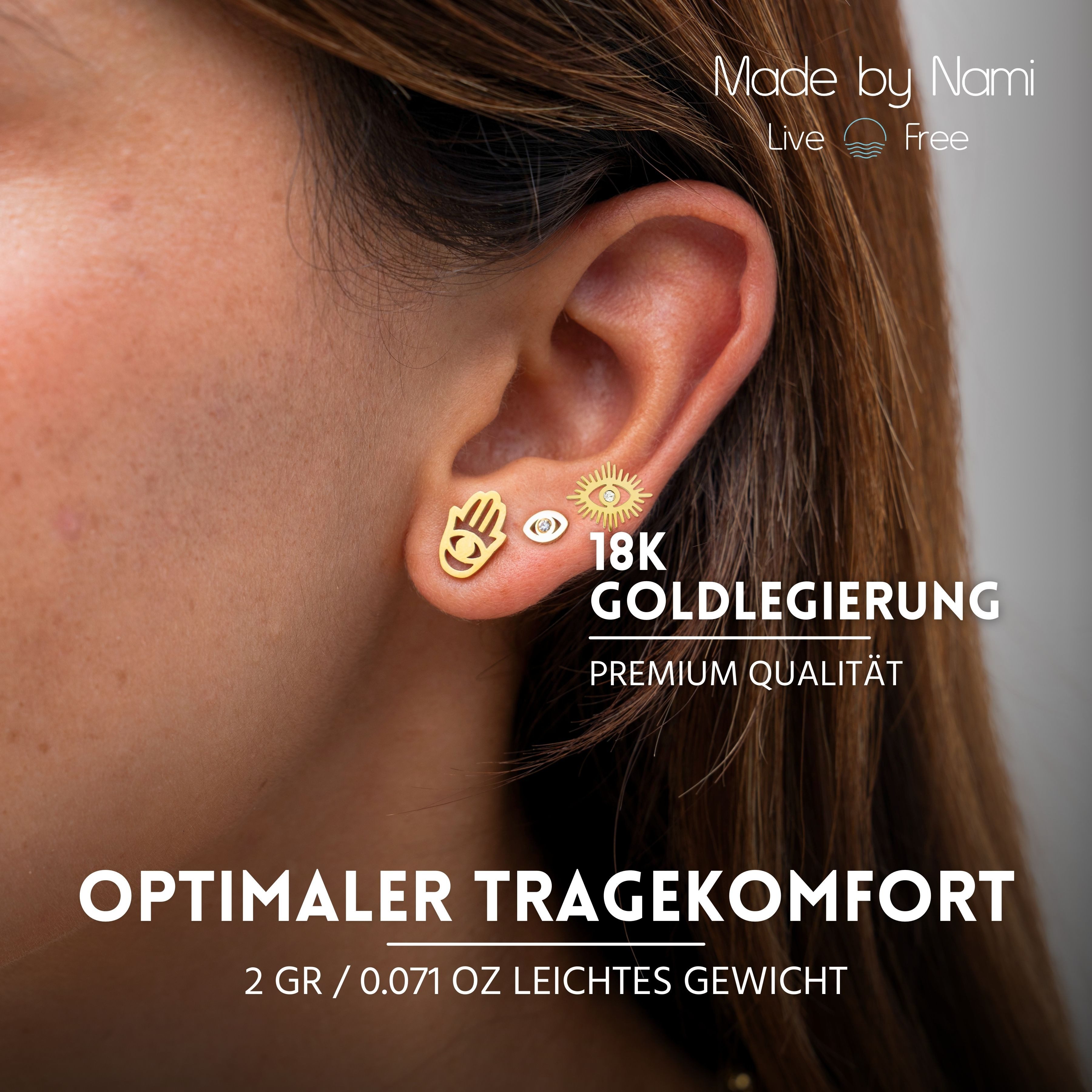 Made by Nami Ohrstecker-Set 3er Set Gold Ohrringe aus Chirurg. Edelstahl Wasserfester Schmuck, mit Hand der Fatima und Türkisches Auge - Nazar Boncuk – Bild 4 von 5