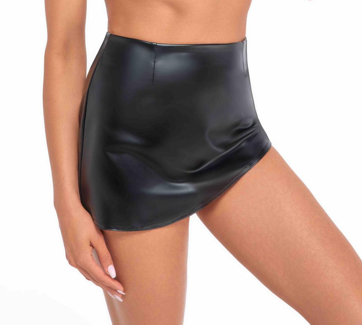 Minirock Schwarzer Wetlook Minirock elastisch asymetrisch geschnitten Damen Roc