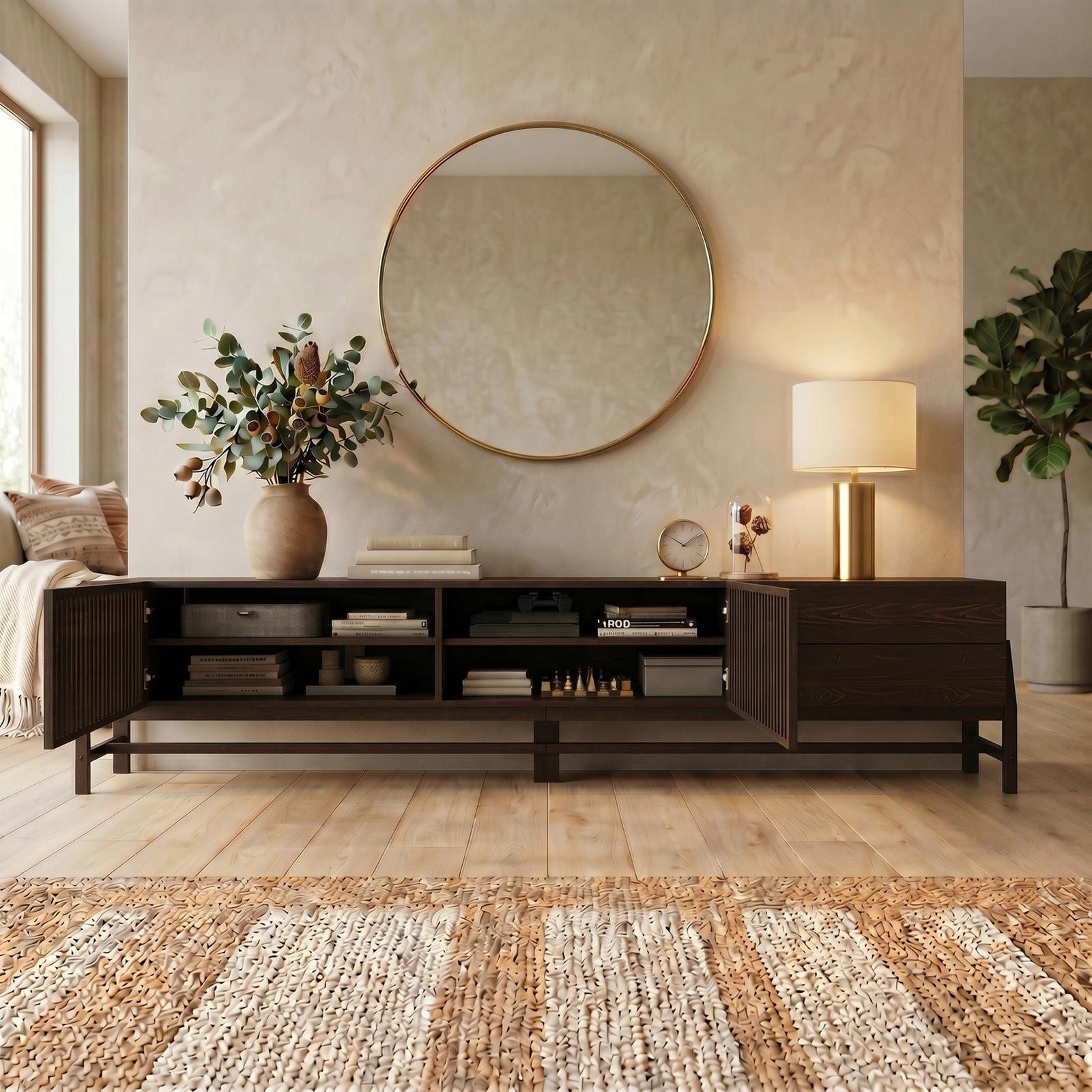 IDIMEX Lowboard ADAMO, 220cm mit Lamellentüren aus Massivholz für 90 Zoll TVs Nussbaum Finish