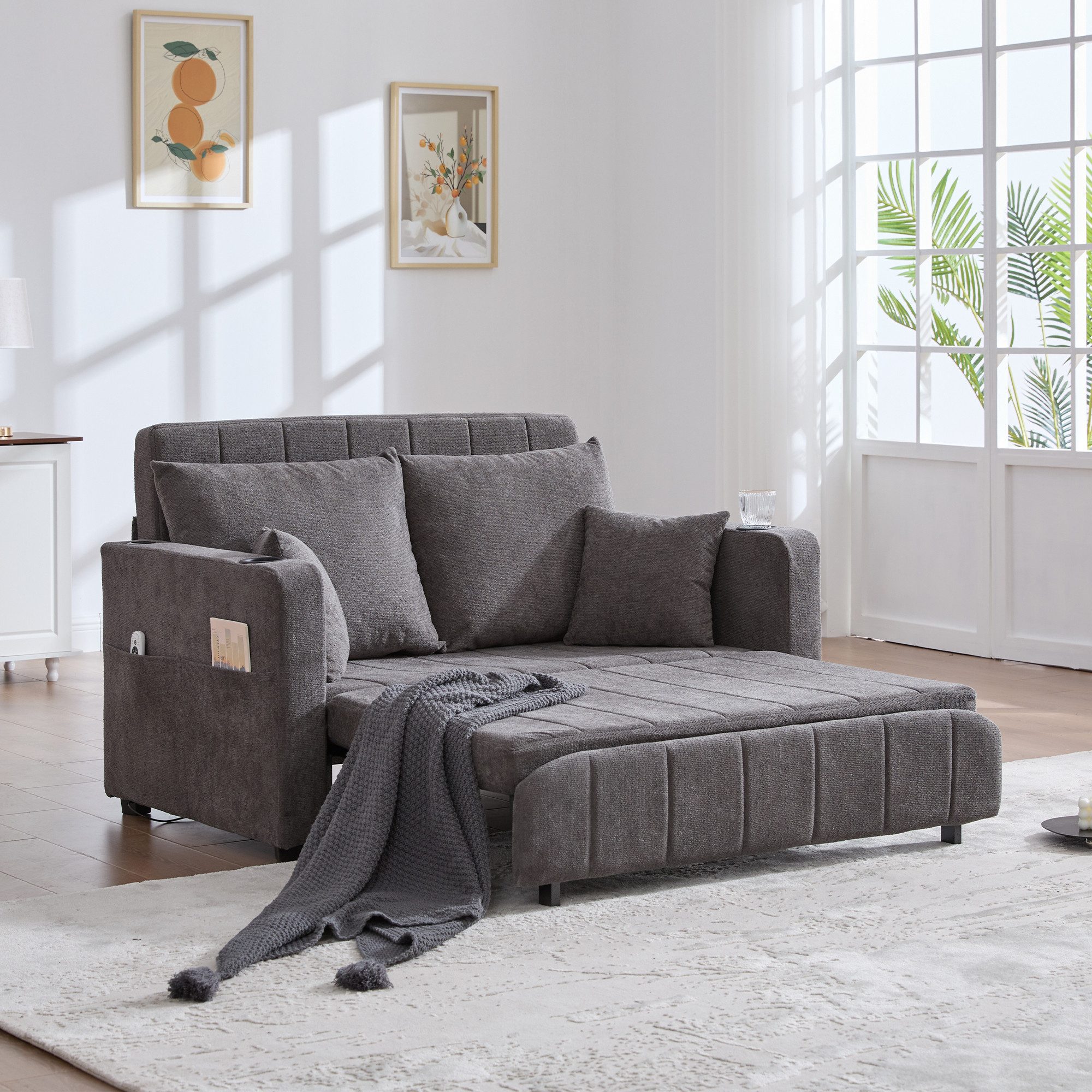 Totnz Schlafsofa 2-in-1 mit Bettfunktion, platzsparend für kleine Räume, inkl. 4 Kissen, Seitentasche, komfortable Polsterung aus Schaumstoff, für Wohnzimmer und Gästezimmer