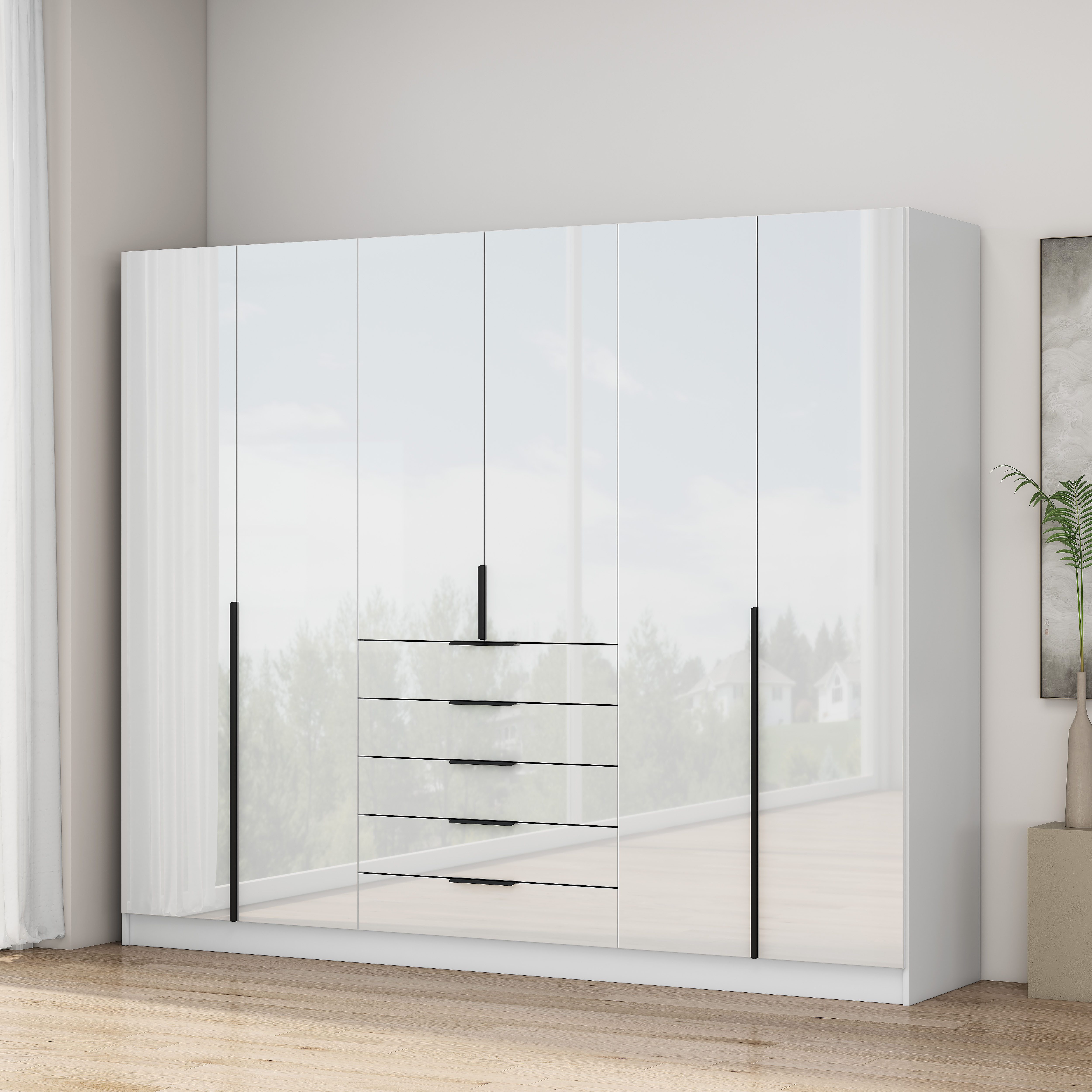 OTTO home Kleiderschrank Annor Schlafzimmerschrank Breite 242cm hochglanz Schrank Garderobe (5 große Schubladen mit reichlich Stauraum) Drehtürenschrank mit perfekter Innenausstattung - elegante Türgriffe