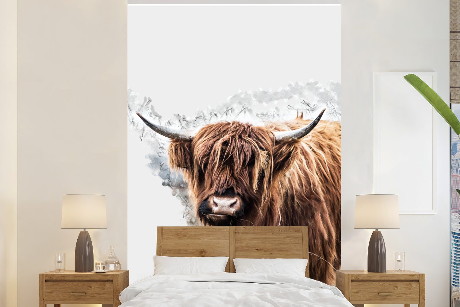 MuchoWow Fototapete Schottischer Highlander - Kuh - Weiß, Matt, bedruckt, (3 St), Montagefertig Vinyl Tapete für Wohnzimmer, Wandtapete