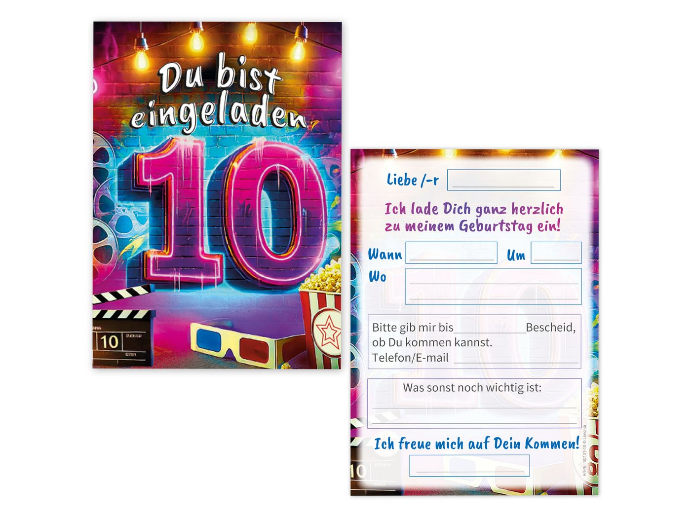 Thumbnail - LIMONIA Einladungskarten Kino Party zum 10. Kindergeburtstag Einladungen Cinema Graffiti Karten, Einladungen zum zehnten...
