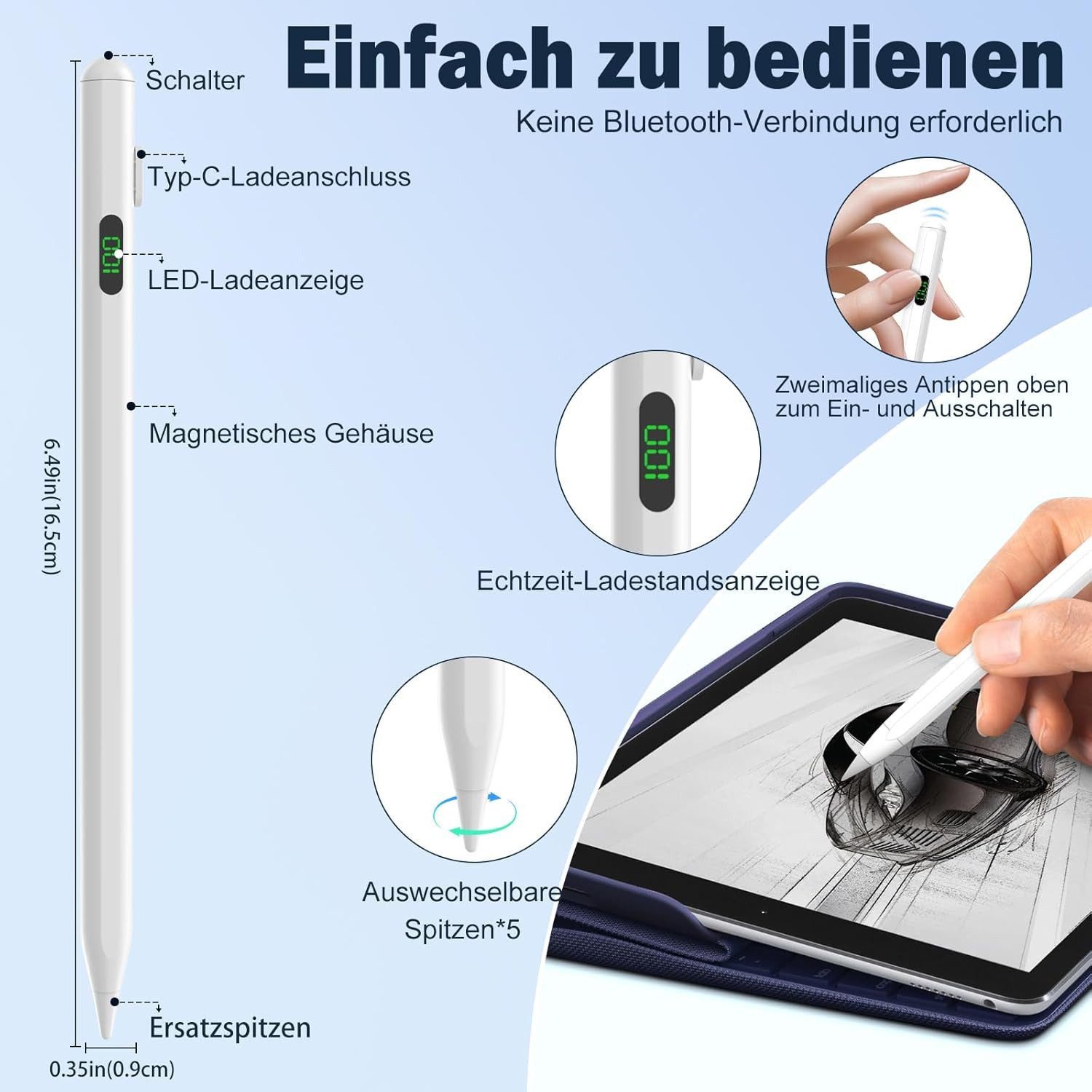 Fyrove Eingabestift Stylus Stift für iPad Apple 2018-2025 mit USB-C Schnellladeleistung (Palm Rejection und Neigungssensitivität für iPad Pro 13"/12,9"/11"/i-Pa – Bild 4 von 5