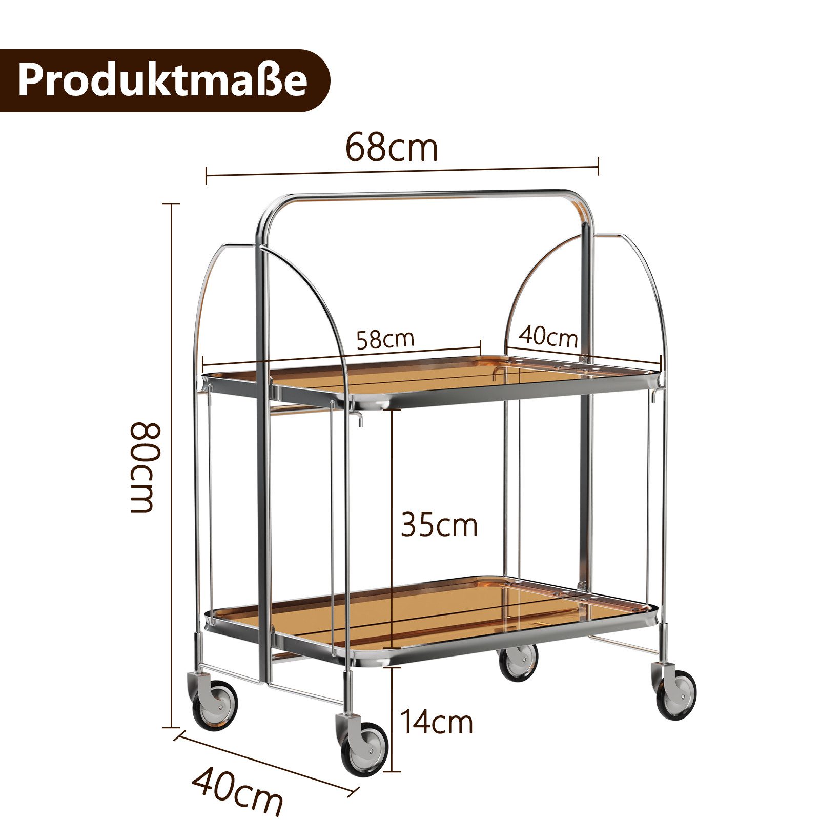 PFCTART Servierwagen Faltbarer Servierwagen mit 2 Glasablagen & Rollen, (Set, 1 St., 68×40×80 cm, Chromgestell für Küche, Bar, Wohnzimmer & Caf), Klappbar, vormontiert, Sicherheitsglas & 2 Rollen mit Bremse
