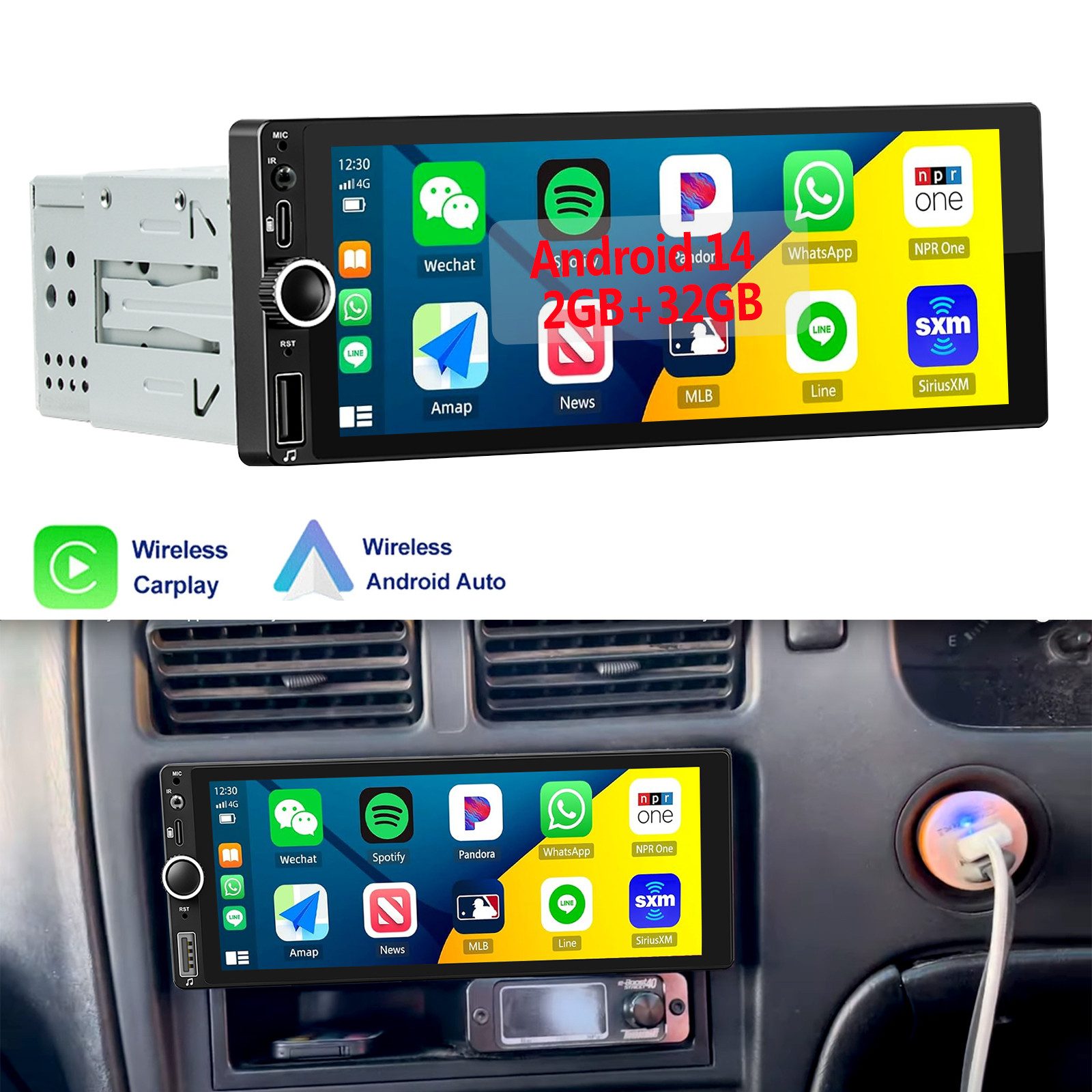 ESSGOO 6.68'' Android14 1 DIN 4+64G GPS NAVI SWC FM USB WiFi Bluetooth DAB+ Autoradio (FM, RDS, DAB (optional), DAB+ (optional), Apple Carplay & Android Auto DAB (optional), GPS Navi,2+32G,2+64G)