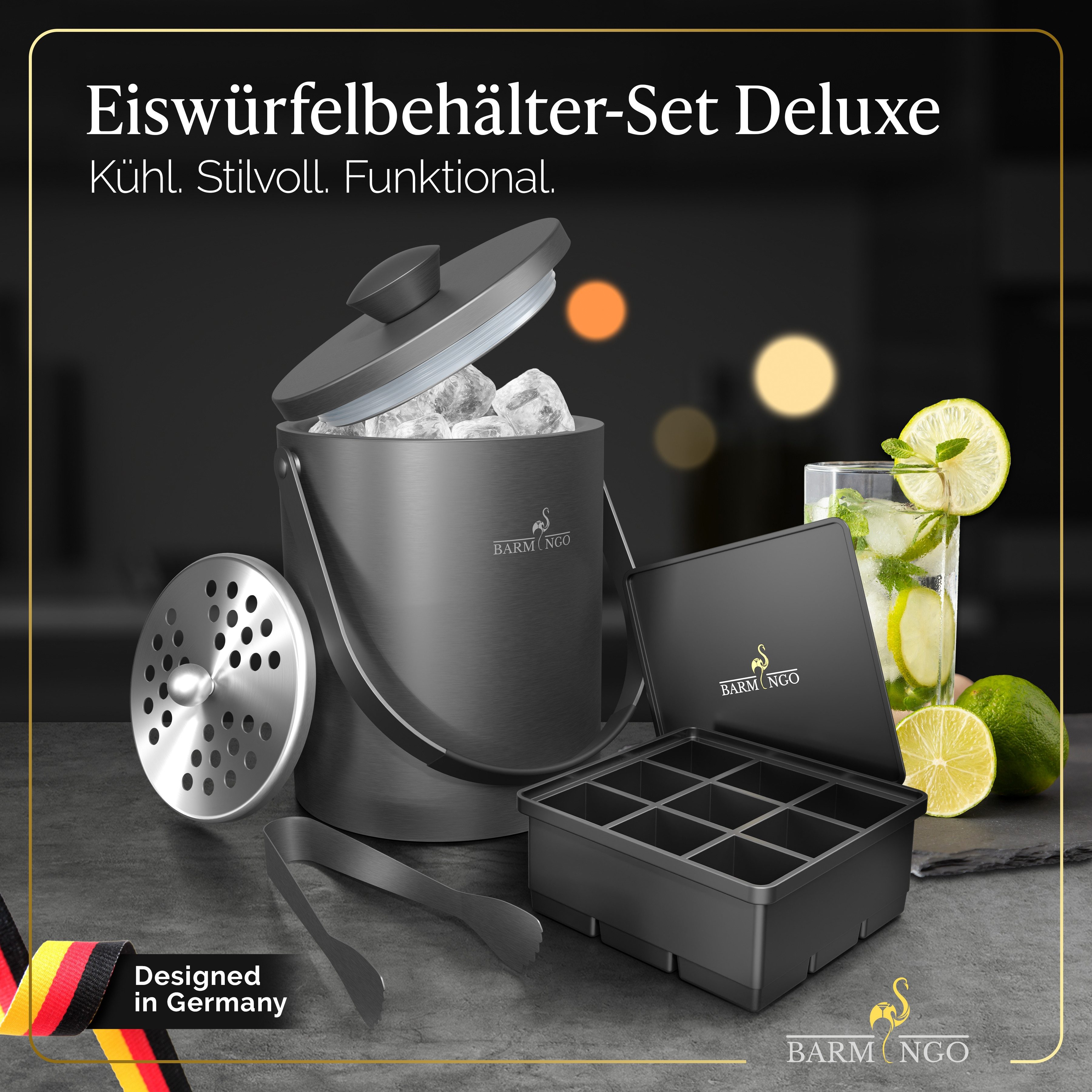BARMINGO Eiswürfelbehälter mit Deckel (2 Liter), Edelstahl Eiskübel, (Eisbehälter Set, 3-tlg., mit Sieb, XXL Silikon Eiswürfelform & Zange), Eiseimer doppelwandig, isoliert, BPA-frei, Silikondeckel