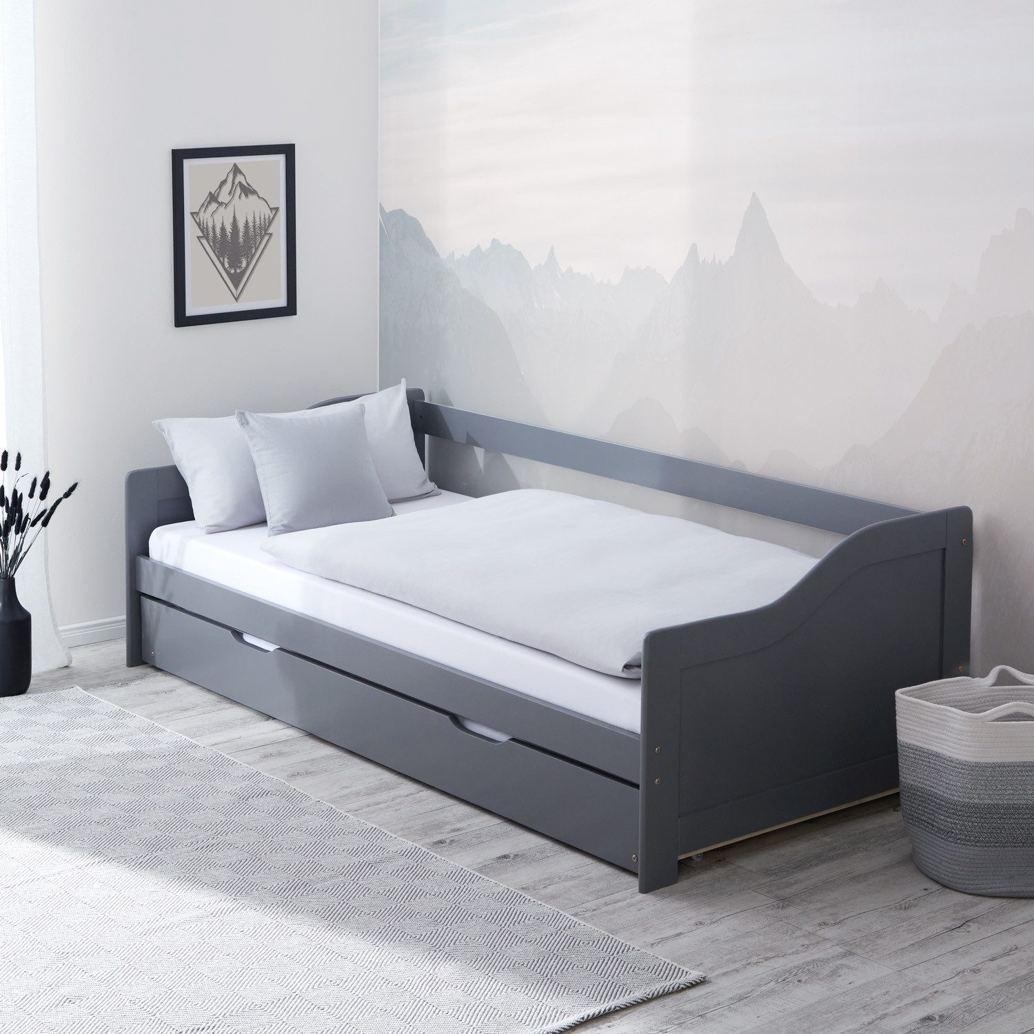 Homestyle4u Ausziehbett 90x200 Holz Gästebett mit Ausziehfunktion 2 Liegeflächen Doppelbett (Komplett-Set mit 2x Lattenrost), 2x 90x200, 2 Personen/Kinder, Stauraumbett, ausziehbar