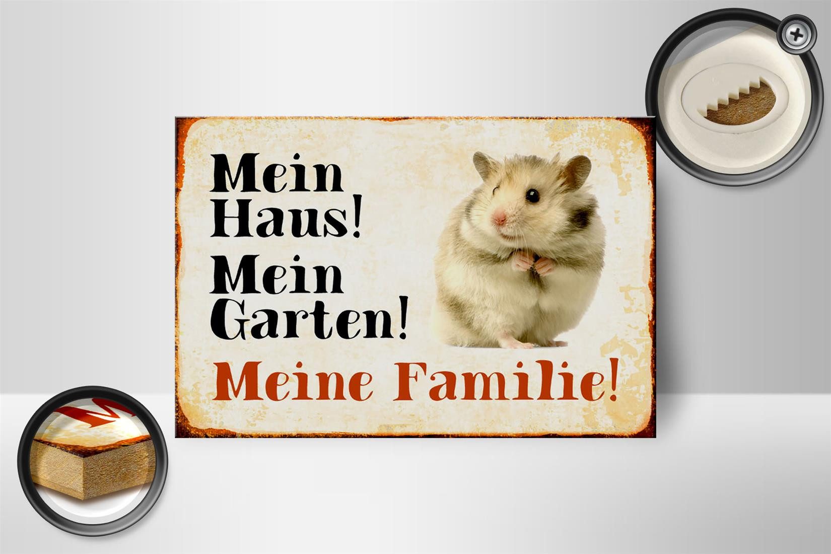 Femer GmbH Holzbild Tiere 18x12 cm Hamster mein Haus Garten Familie, (1 St), Glatte Holzfaserplatte (MDF), vorn beschichtet