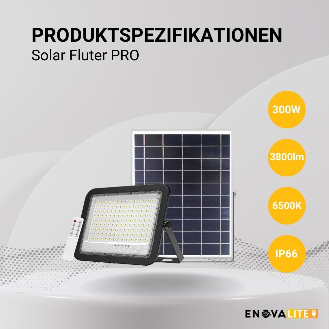 ENOVALITE LED Solarleuchte Solarstrahler PRO, LED-Fluter, 30 W PV, 3800 lm, 6500K, IP65, LED fest integriert, Tageslichtweiß, kaltweiß, steuerbar mit Fernbedienung, Solarfluter mit Akku