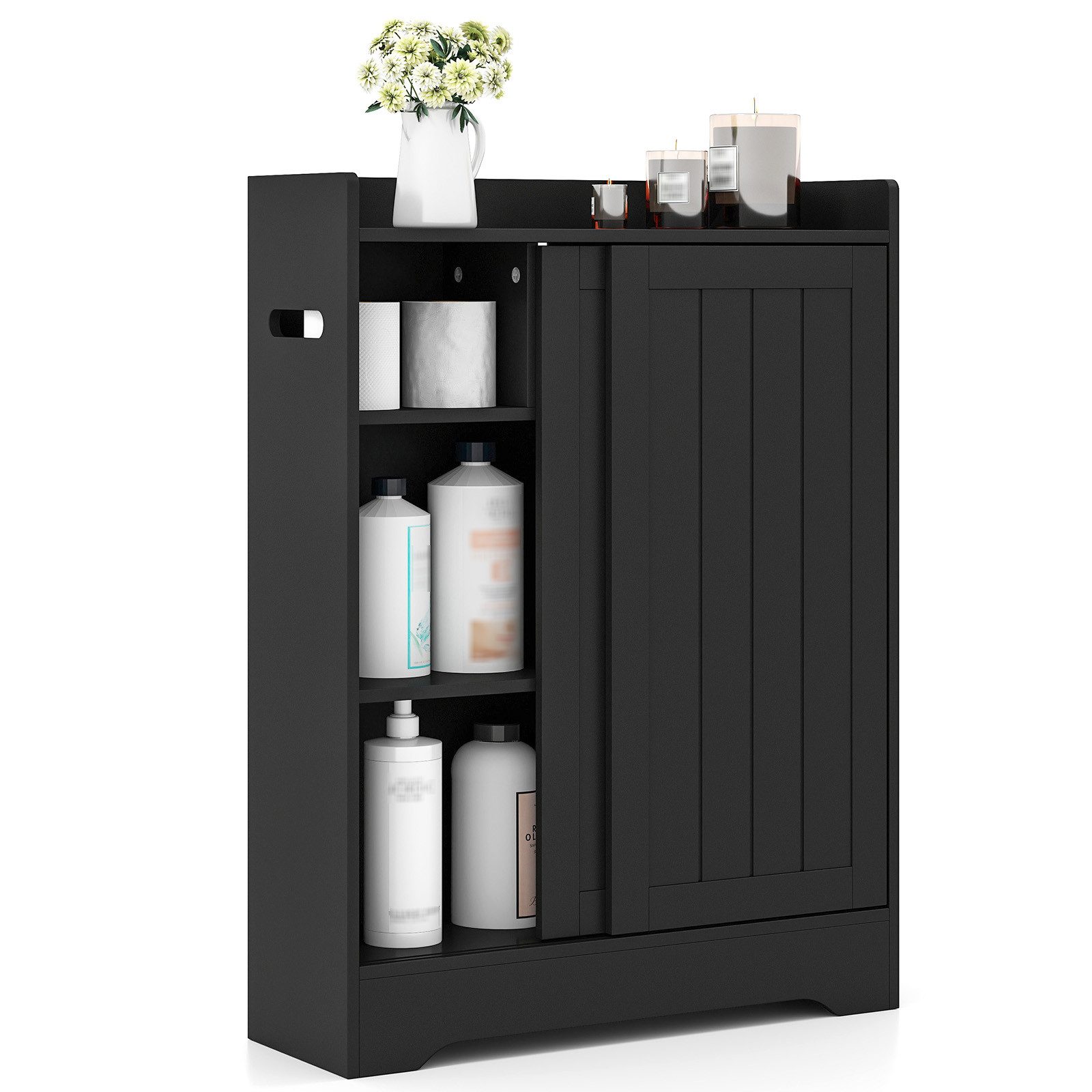 COSTWAY Badkommode, Nischenschrank mit Toilettenpapierhalter, Schiebetüren
