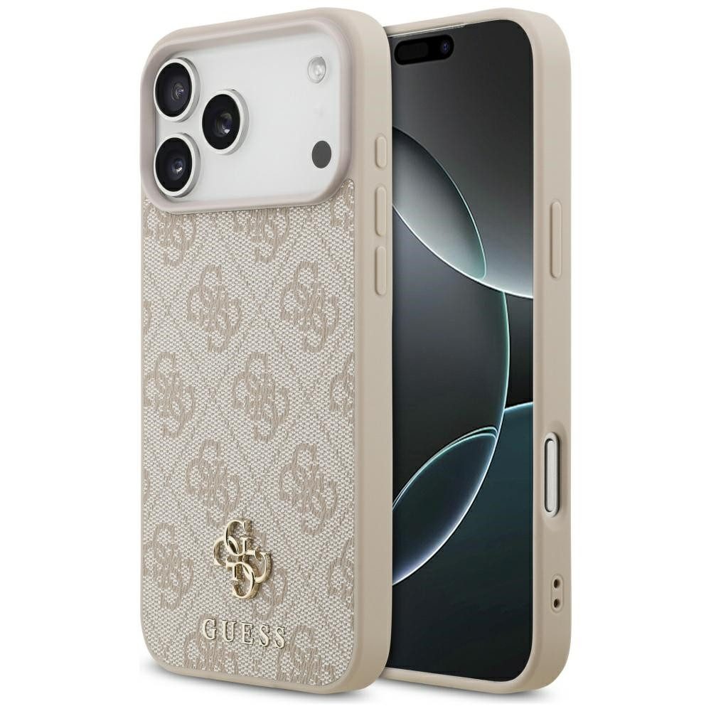 Guess Handyhülle Case iPhone 17 Pro Max MagSafe Kunstleder rosa Logo goldfarben 6,9 Zoll, Kantenschutz