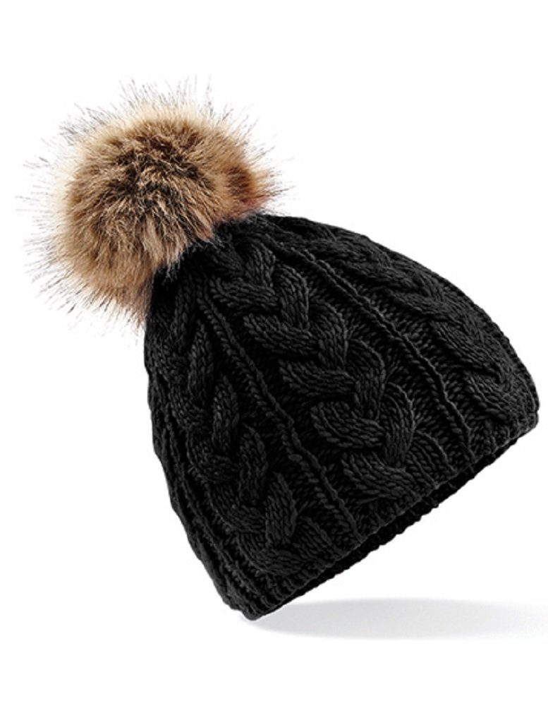 Mütze Damen Winter Strickmütze Beechfield® Beanie Zopfmuster schwarz Üppiges schweres Bommelmütze