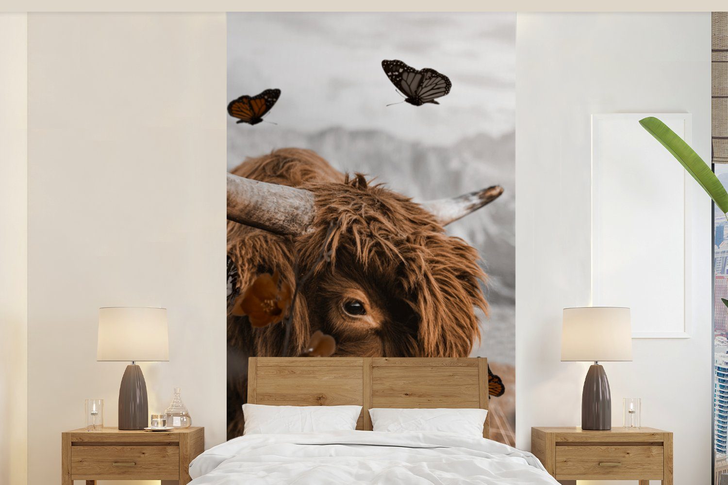 St), bedruckt, (2 Pflanzen, Highlander Schlafzimmer - Wohnzimmer Scottish Fototapete Schmetterlinge Fototapete für Matt, Küche, MuchoWow Vliestapete -