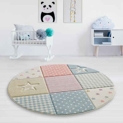 Kinderteppich Tara Kids Bueno Sterne Patchwork, TaraCarpet, rund, Höhe: 13 mm, Kinderzimmer Jugendzimmer Teppich Sterne Kariert Pastell bunt 120x120