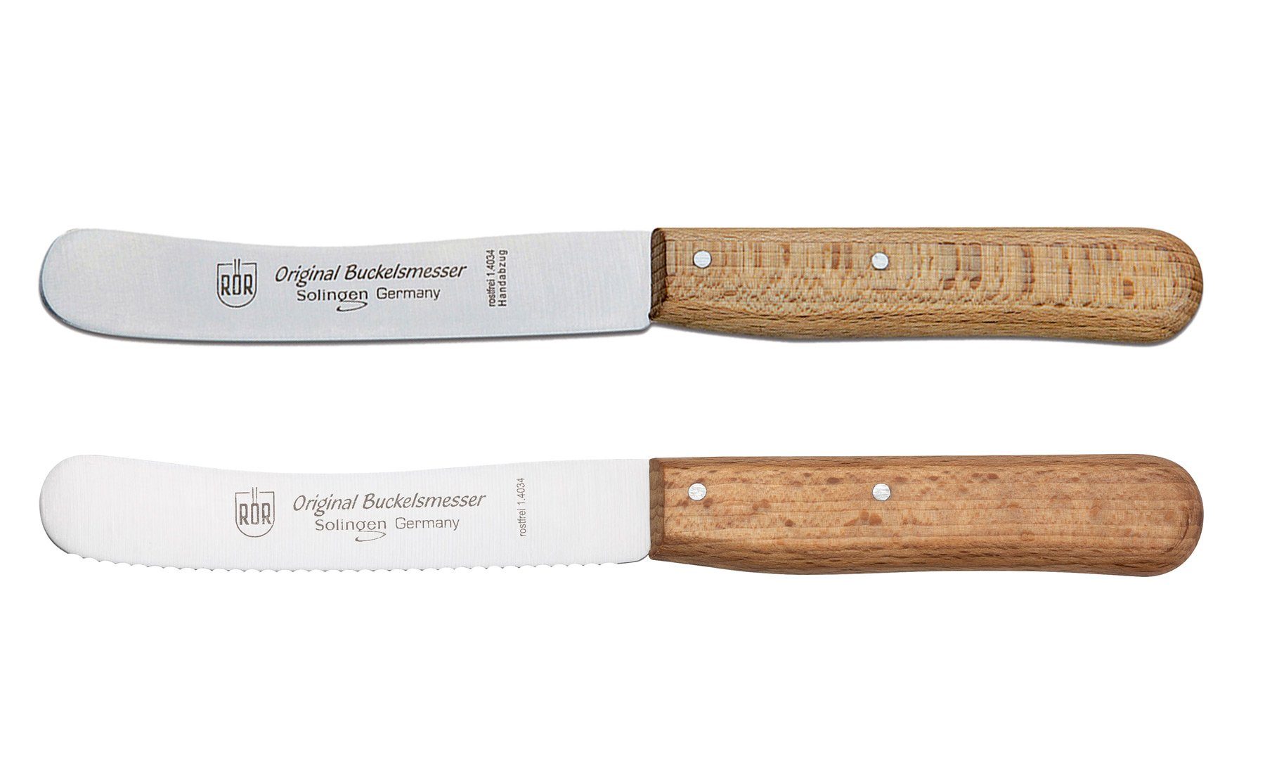 RÖR Messer-Set 10280-2, Buckelsmesser + mit Wellenschliff 2-tlg mit Buchenholzgriff, das perfekte Messer für den Esstisch - 22,0 cm - Made in Solingen