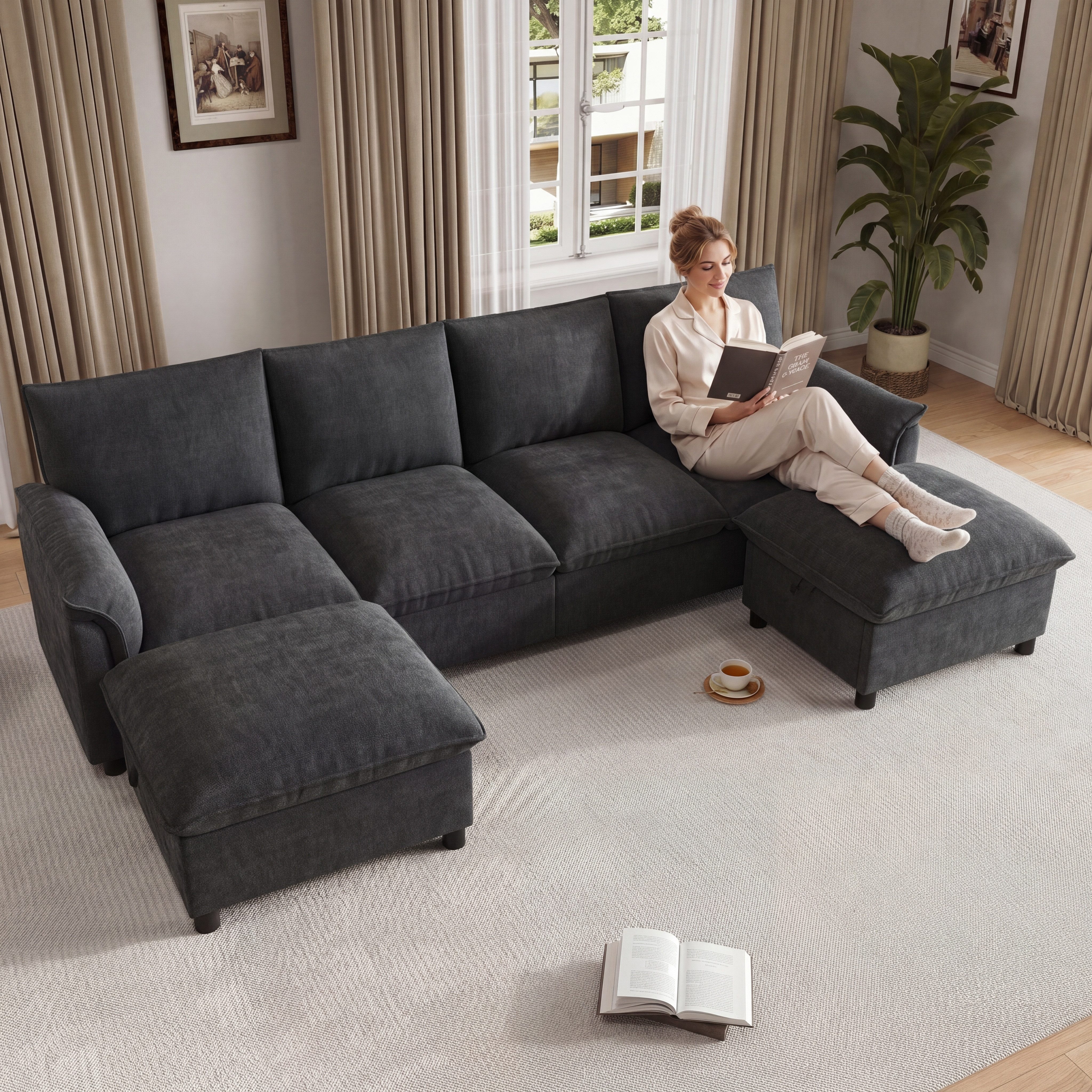 Merax Ecksofa U-Form Sofa, 4-Sitzer Cloud-Sofa mit 2 Fußhockern, mit Bettkasten, 1 Teile, Modulares Ecksofa, Chenille Couch Mit Stauraum, Soffa, Wohnzimmersofa