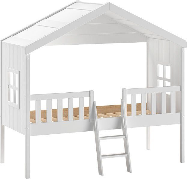 Vipack Hausbett Kiefer massiv weiß lackiert, Made in Europe, stabil gebaut (B/H/T ca. 213x201,8cm, wahlweise mit und ohne Rutsche), mit Leiter, seitliche Fenster, Rolllattenrost und Absturzschutz
