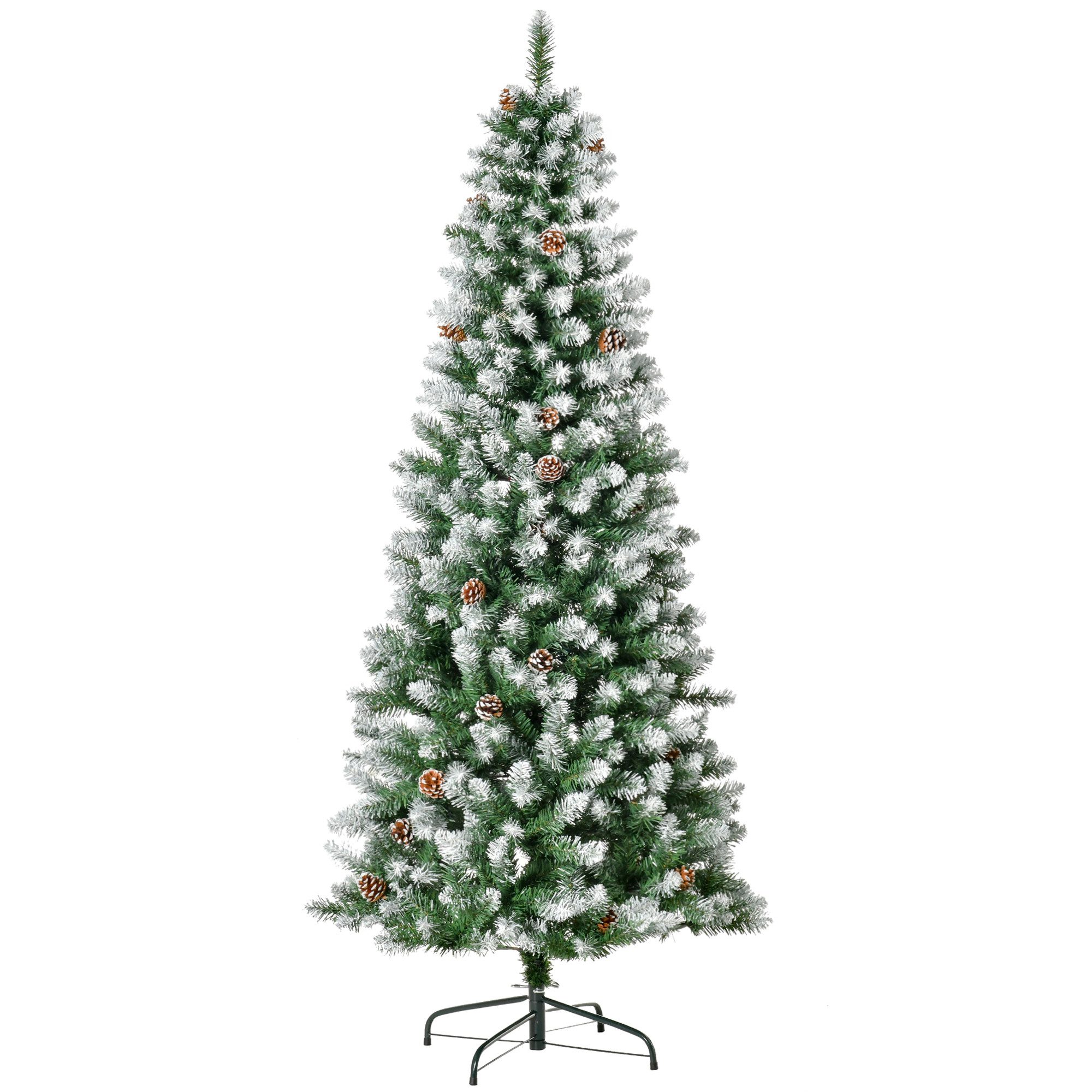 HOMCOM Künstlicher Weihnachtsbaum Christbaum 180 cm mit Kunstschnee 630 Astspitzen faltbar Standfuß, Tanne, für Weihnachtsfest, Indoor, grün+weiß