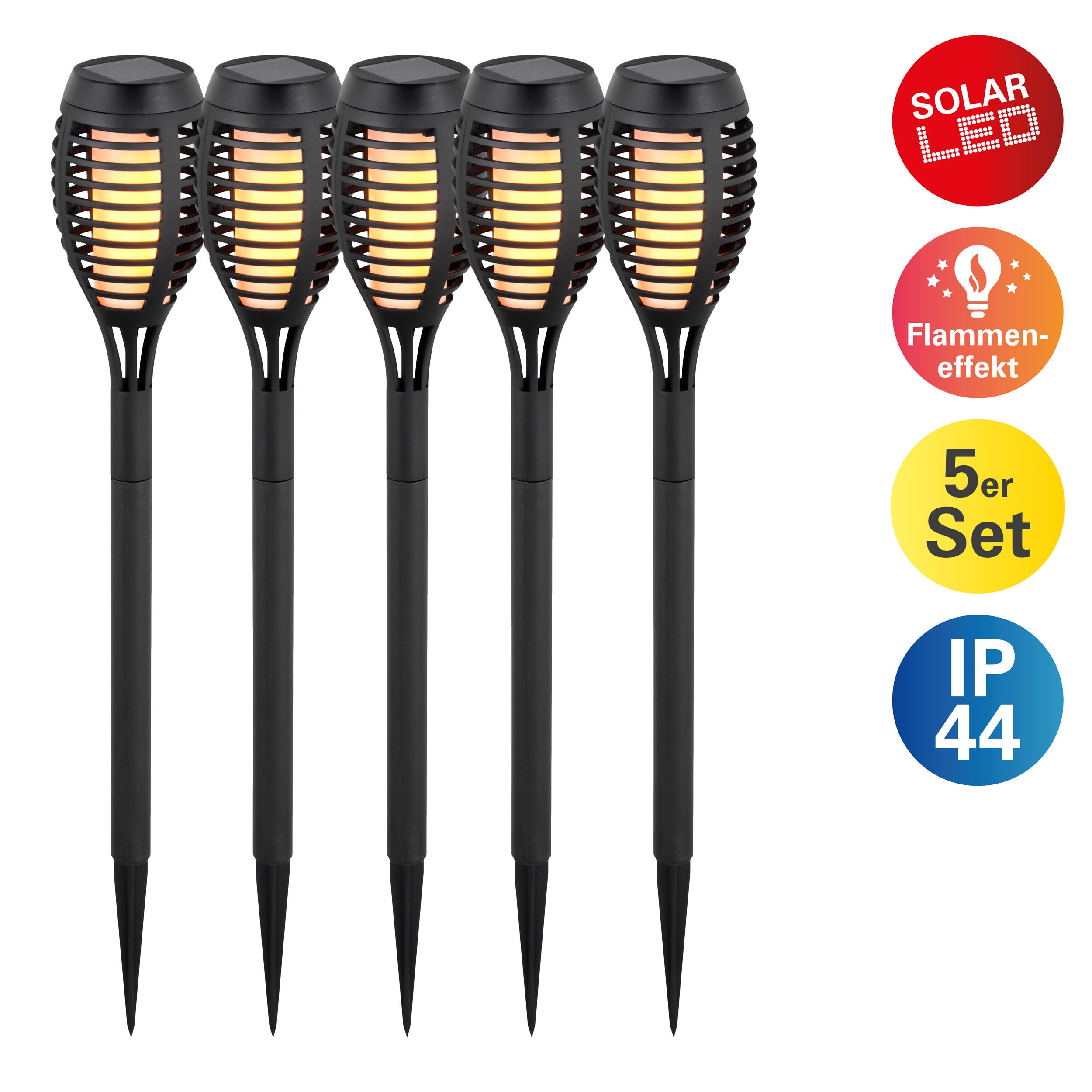 näve LED Solarleuchte Fanilo, Tageslichtsensor, LED fest integriert, Warmweiß, 5er Set Fackeln, Flammeneffekt, schwarz, LED warmweiß, H: 45cm, D: 6cm