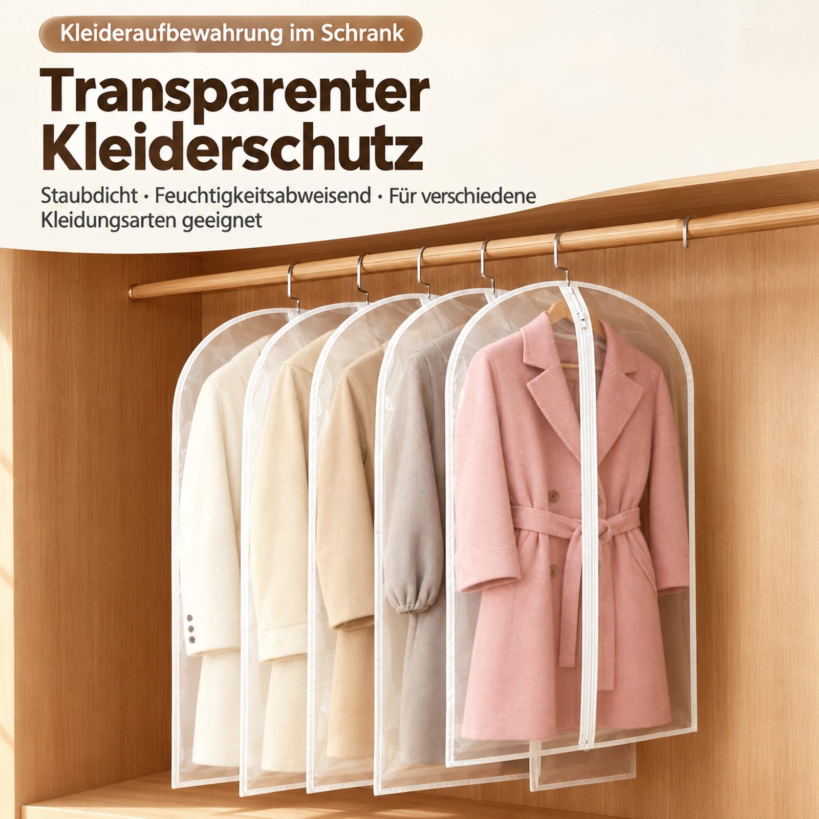 BOOD Kleidersack 5er Set Kleidersäcke 60x100 cm,mottenfest,atmungsaktiv, Reißverschluss (Packung, 5 St., Keine Montage erforderlich) Transparente Schutzhüllen f – Bild 2 von 5