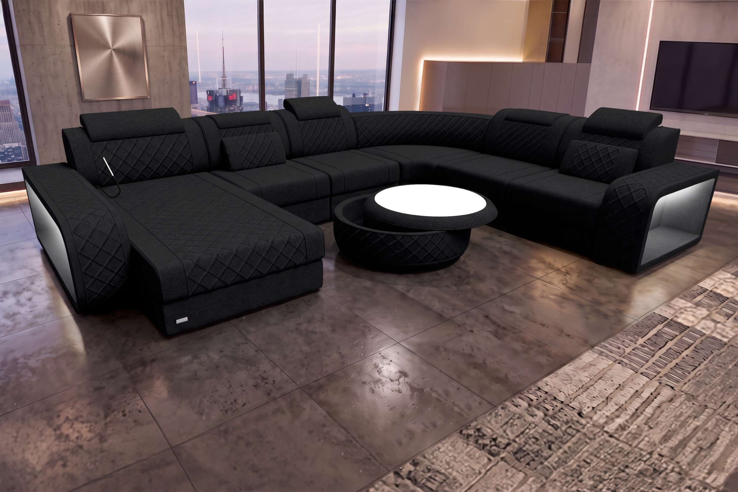 Sofa Dreams Wohnlandschaft XXL Wohnlandschaft Berlin Stoffsofa, Wohnlandschaft, U-Form, Polster Couch in U-Form mit LED, 2 Zierkissen inklusive