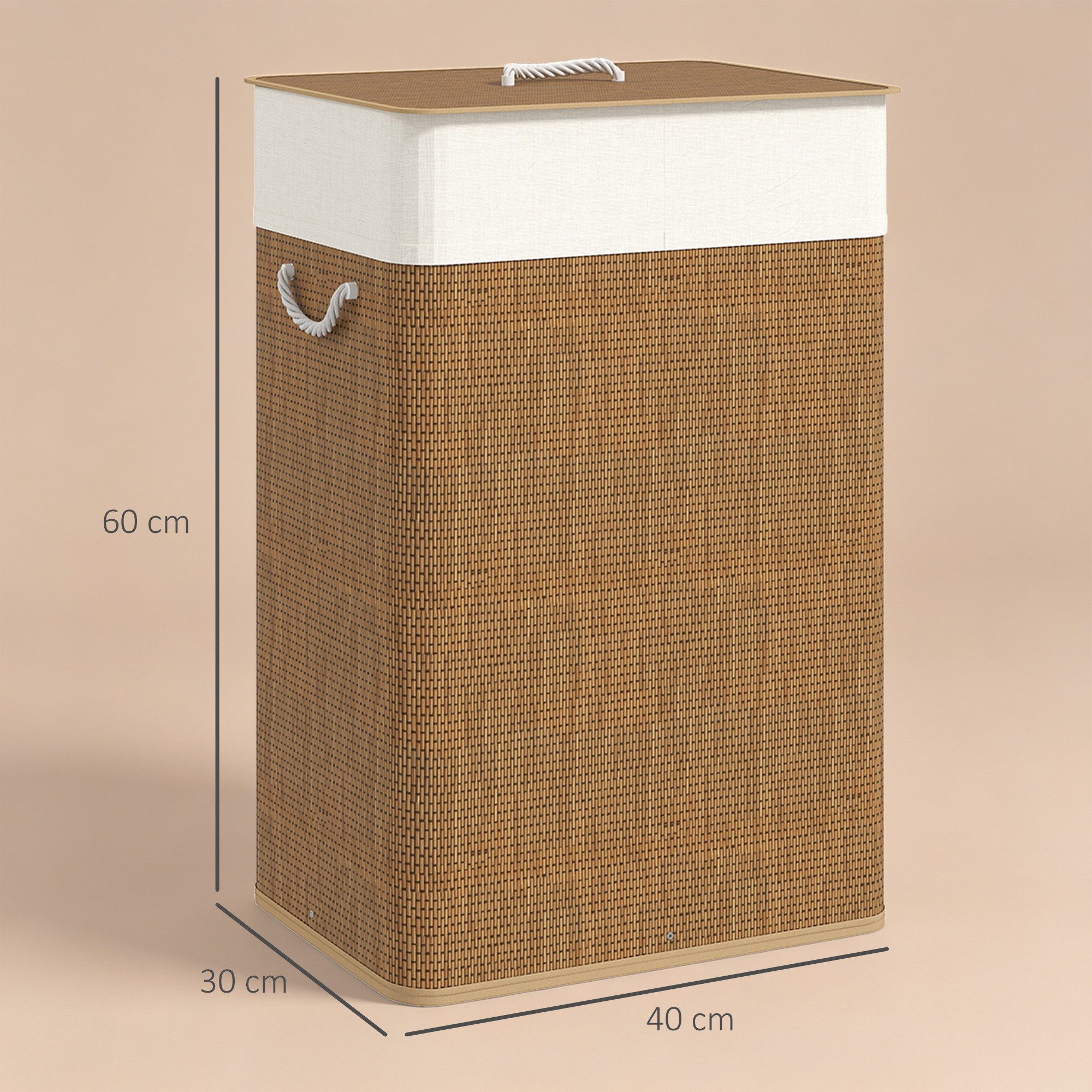 HOMCOM Wäschekorb Bambus Wäschesammler mit Deckel und herausnehmbarem Wäschesack (Laundry Basket, 1 St., Wäschebox), für Waschküche Schlafzimmer – Bild 3 von 5