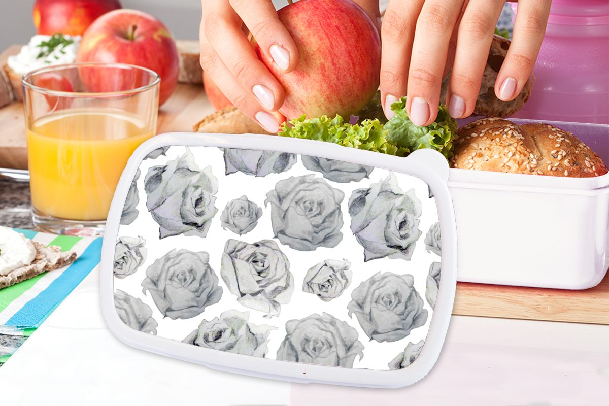 Kinder Kunststoff, Blume Rosen Lunchbox Mädchen MuchoWow für Erwachsene, und Schwarz - für - - Brotbox und Muster, weiß Brotdose, (2-tlg), Jungs und