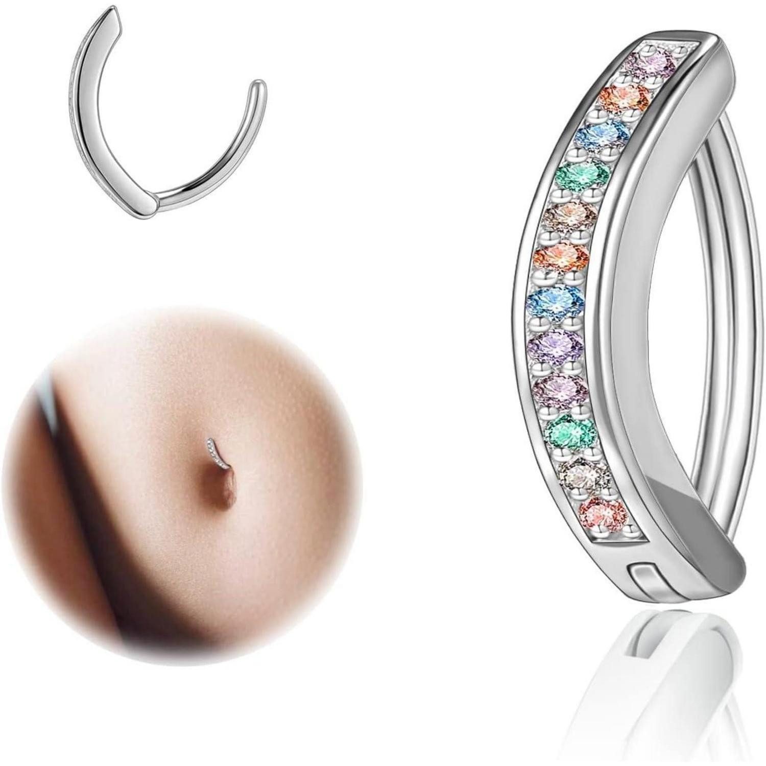 ZS Bauchnabelpiercing 14G Diamanten Bauchnabelpiercing Silber 925, Reverse Curved Nabel