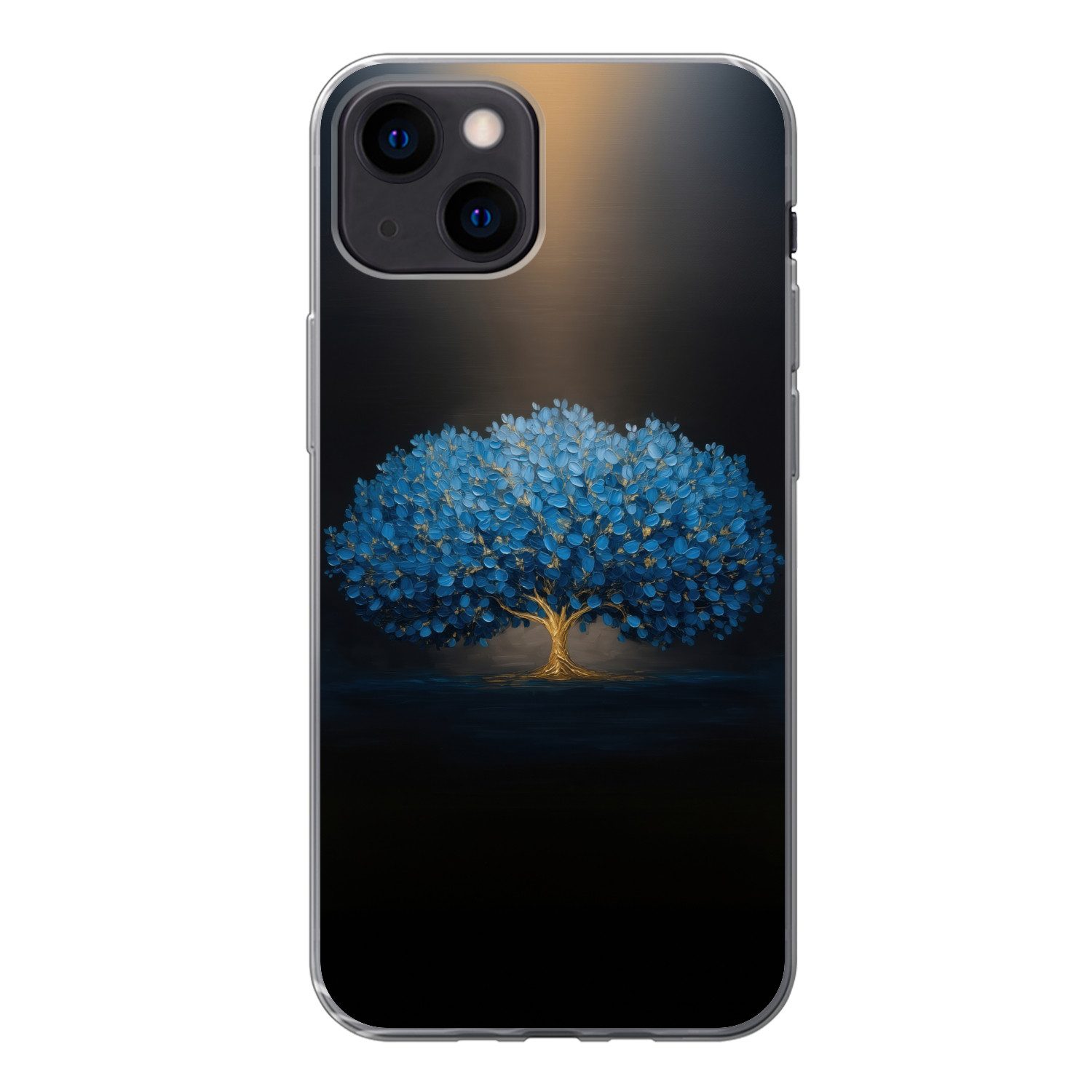 MuchoWow Handyhülle für Apple iPhone 13 mini Baum - Blau - Blätter - Pinselstriche, Smartphone-Bumper, Print, Handy Schutzhülle Dünn