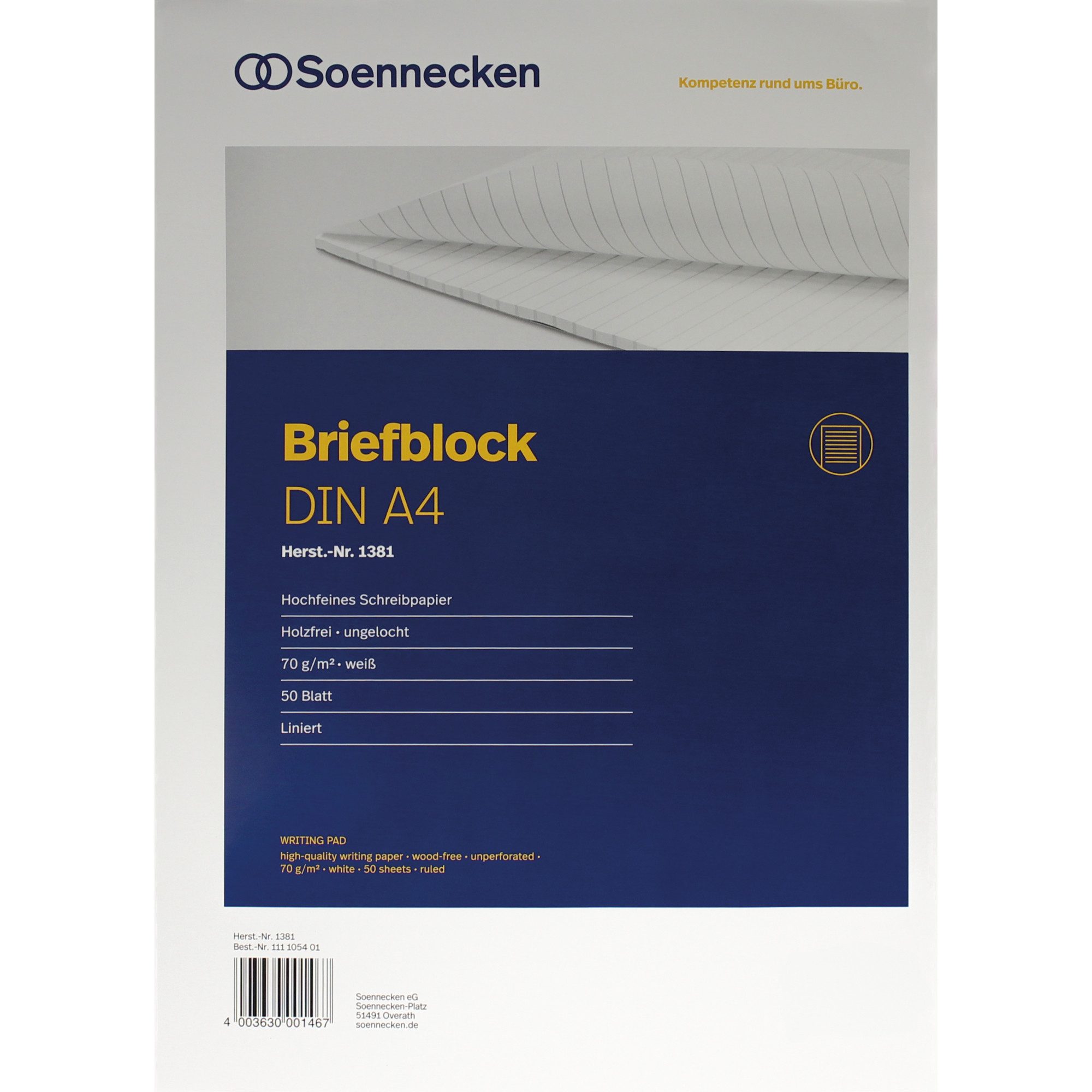 Soennecken Notenblock Briefblock 1381 DIN A4 70g holzfrei 50 Blatt liniert weiß (10 Stück)