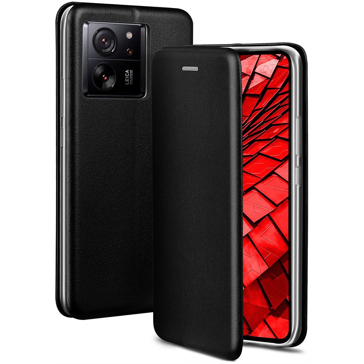 ONEFLOW Handyhülle für Xiaomi 13T Premium Hülle Business Cover Schwarz 6,67 Zoll, 360 Grad Schutzhülle Flip Case Etui Klapphülle Dünn Leder Handy Tasche