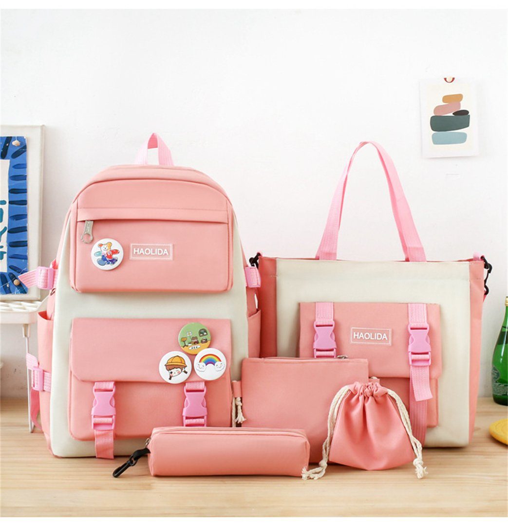 L.Ru UG Daypack Rucksack-Set, mit Lunchtasche mit Federmäppchen, Set Schultaschen, Rosa großem Fassungsvermögen), ästhetische Geldbörse (Fünfteiliges Rucksack 5-teilig, Rucksack-Set Collegetasche süßes Anhänger, mit Handtasche