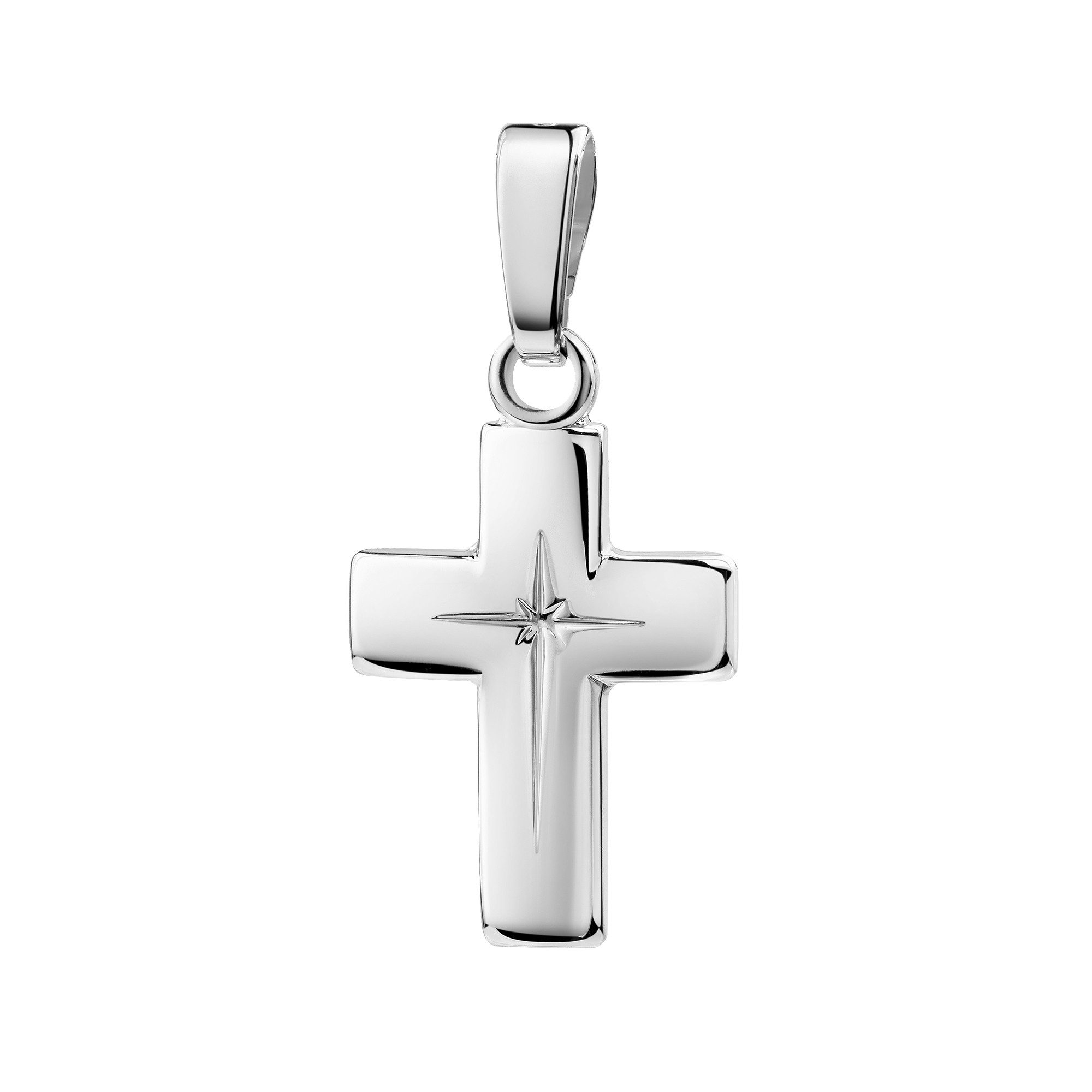 JEVELION Kreuzkette kleiner Kreuzanhänger 585 Weißgold mit Kreuzgravur - Made in Germany (Weißgold Anhänger, für Damen und Kinder), Mit Kette Sterlingsilber- Länge wählbar 36 - 70 cm.