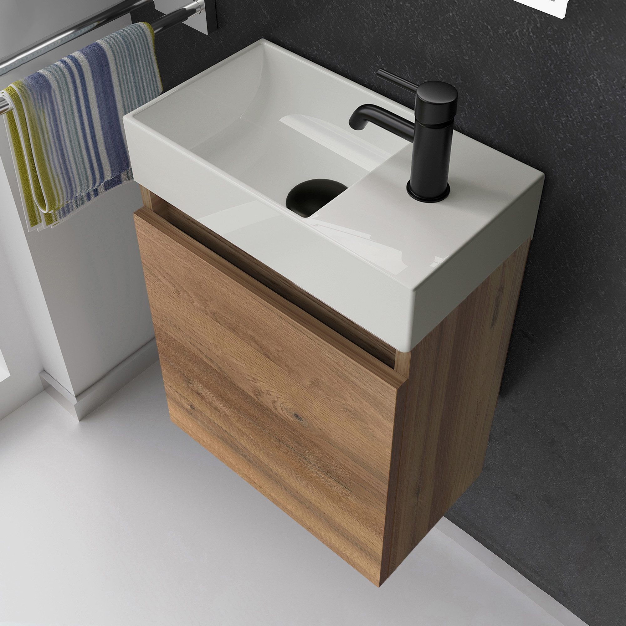 Alpenberger Badmöbel-Set Gäste WC Waschbecken mit Unterschrank - Badschrank Hängend, (Waschbeckenunterschrank mit Softclose, 2-tlg. Waschtisch Set Bamboo), Wasc – Bild 3 von 5