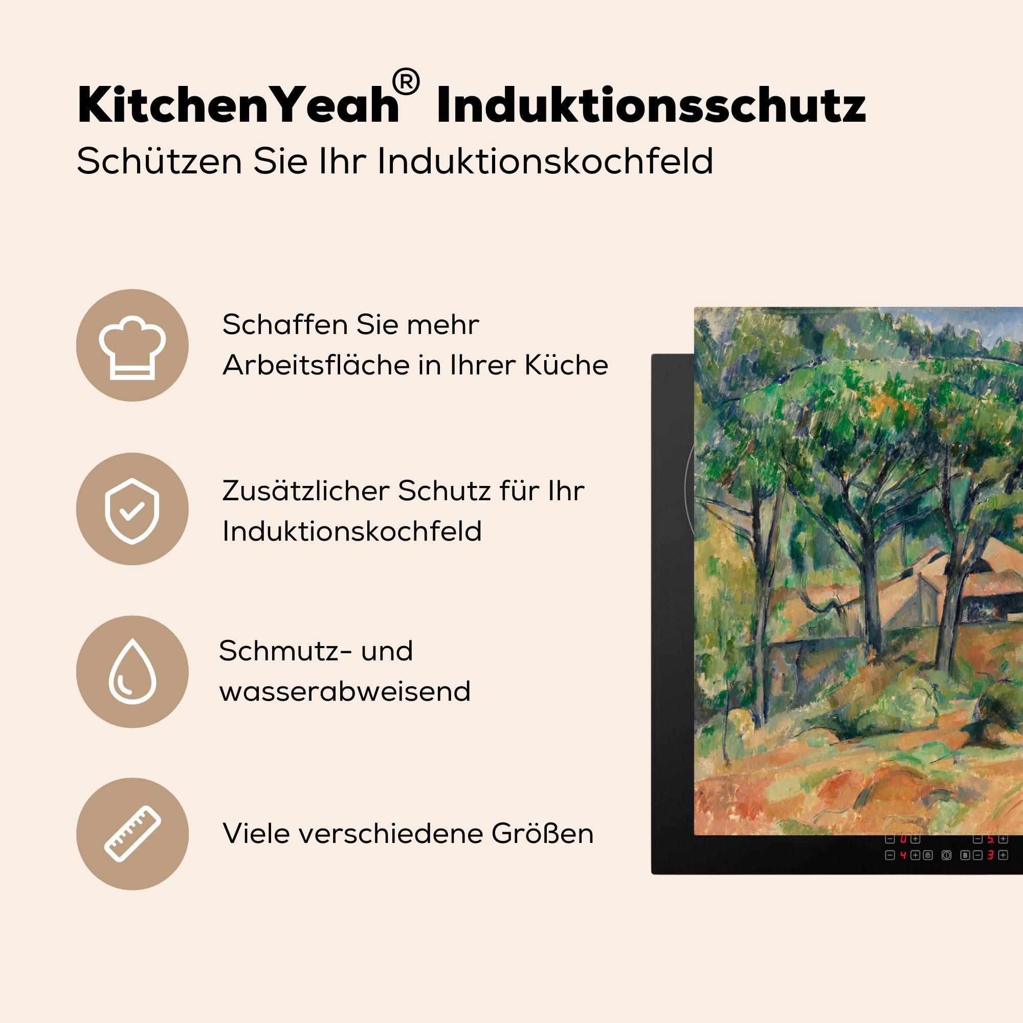 MuchoWow Herdblende-/Abdeckplatte Haus in Arbeitsfläche - Vinyl, Paul Gemälde der cm, 60x52 (1 Mobile tlg), Cézanne, Provence von Ceranfeldabdeckung nutzbar