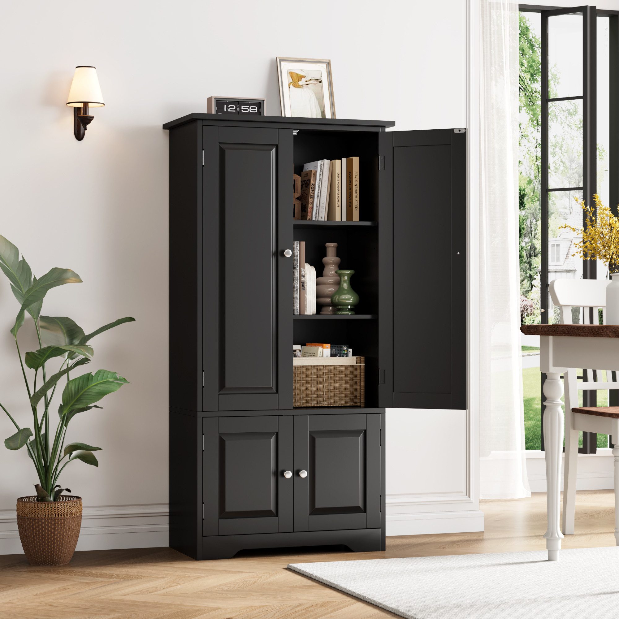 Homfa Mehrzweckschrank Küchenschrank Badezimmerschrank Bücherschrank, Wohnzimmerschrank, mit 4 Türen, 58x32x123cm, schwarz