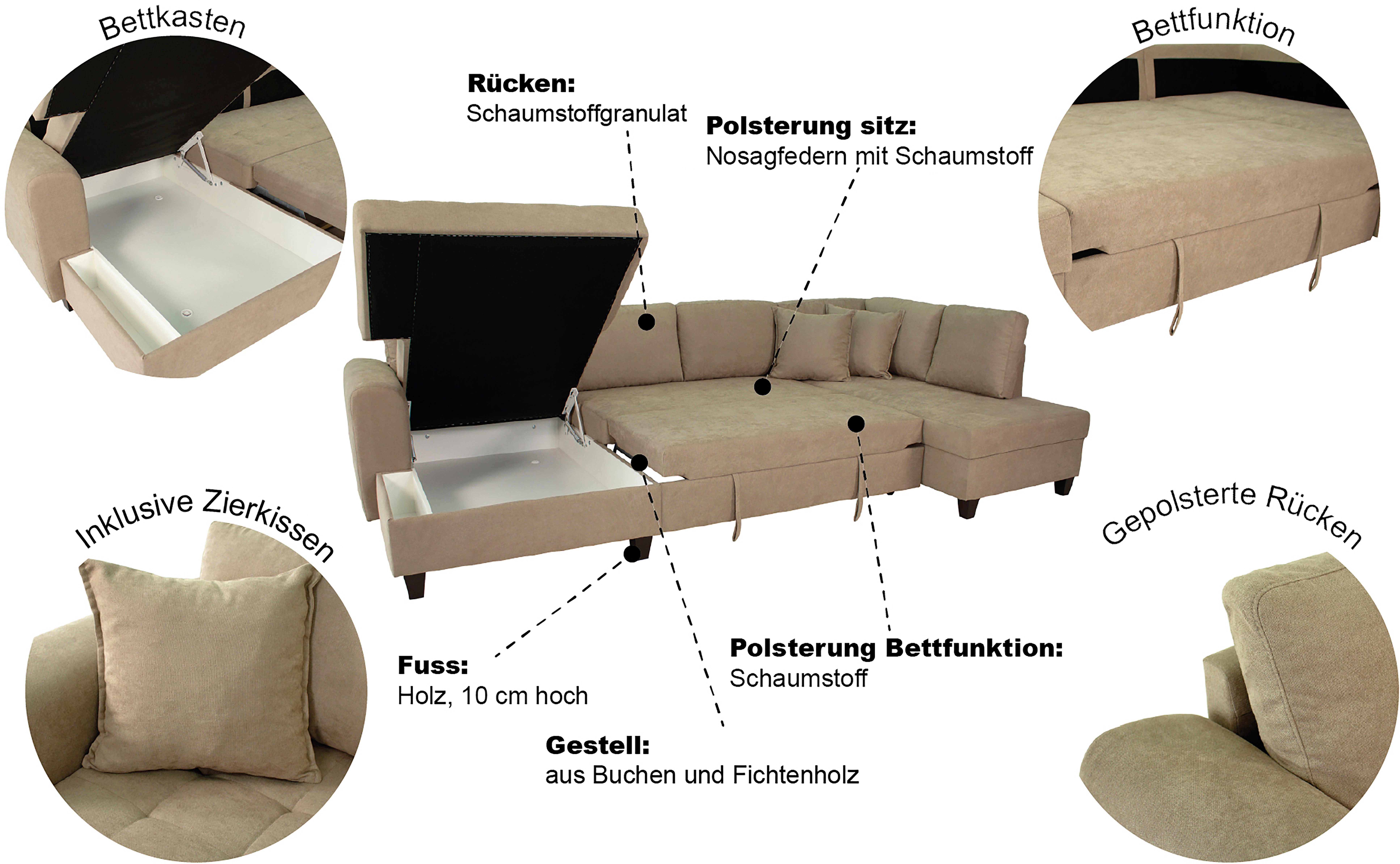 Trends by HG Wohnlandschaft Moritz U-Form, B: 324 cm, mit Schlaffunktion, Bettkasten & Zierkissen