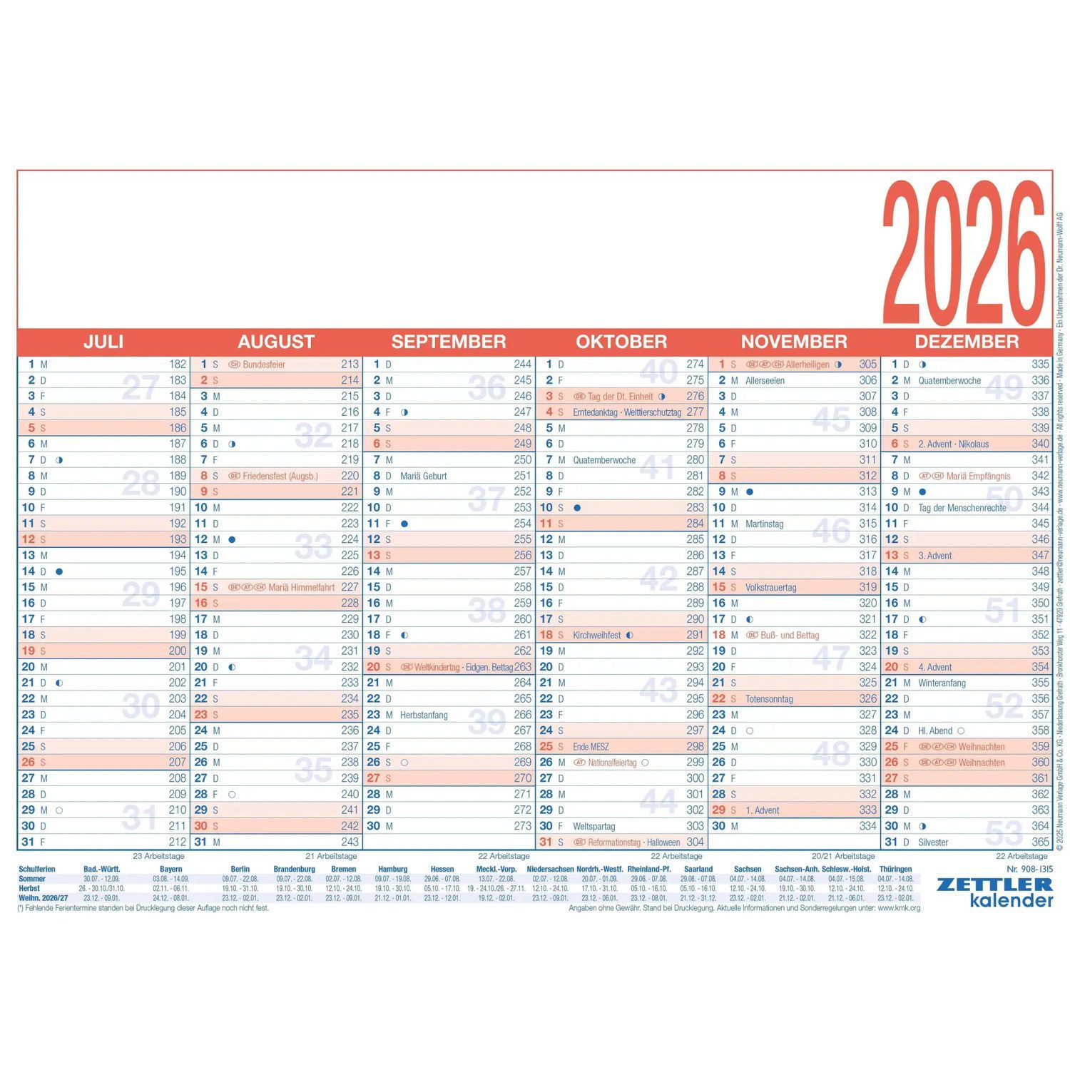 NEUMANN Wandkalender Arbeitstagekalender 2026 - A4 (29 x 21 cm) - 6 Monate auf 1 Seite -...