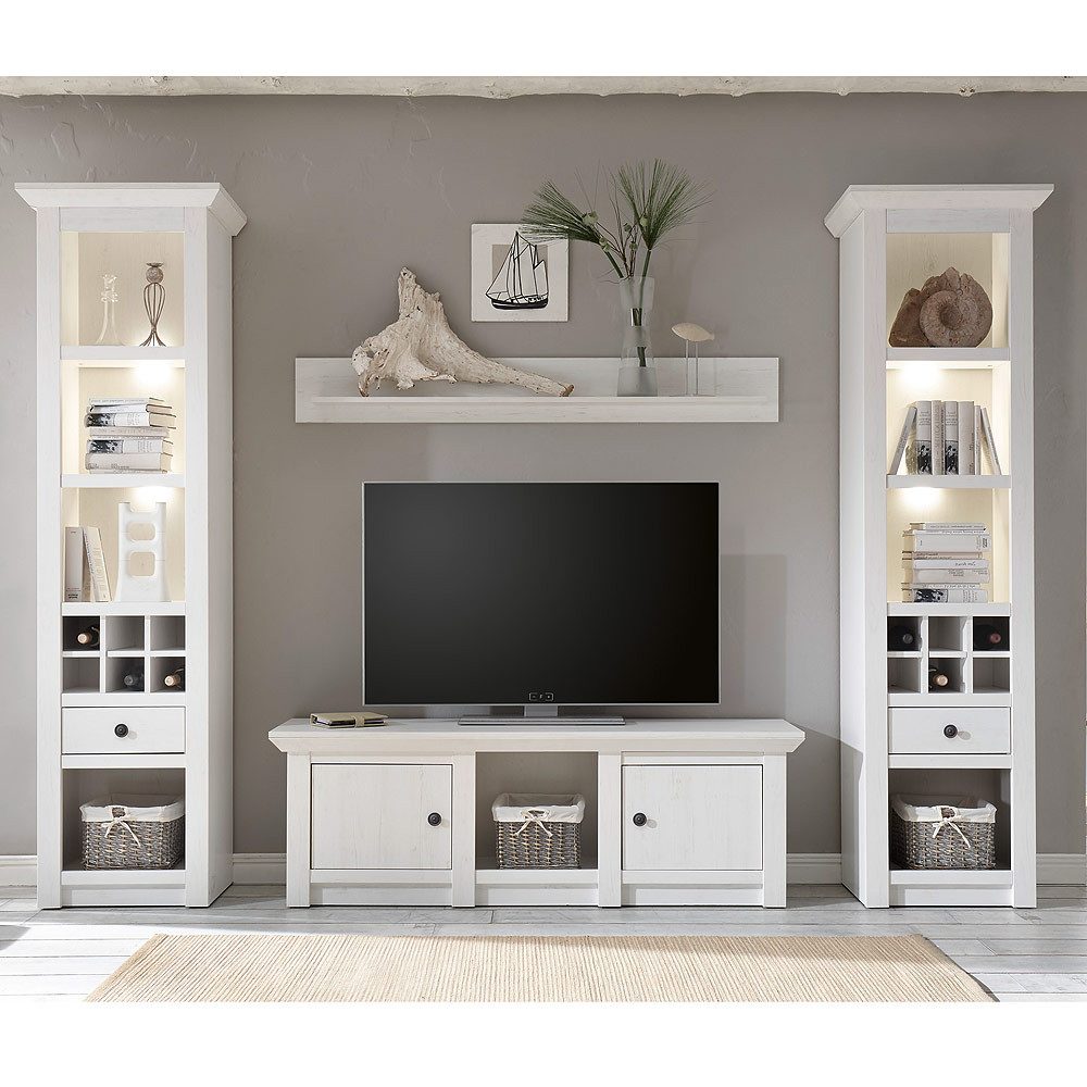 Lomadox Wohnwand WINGST-61, (6-St), Set im Landhaus Stil Dekor Pinie weiß Nb. inkl. LED 288x207x45cm