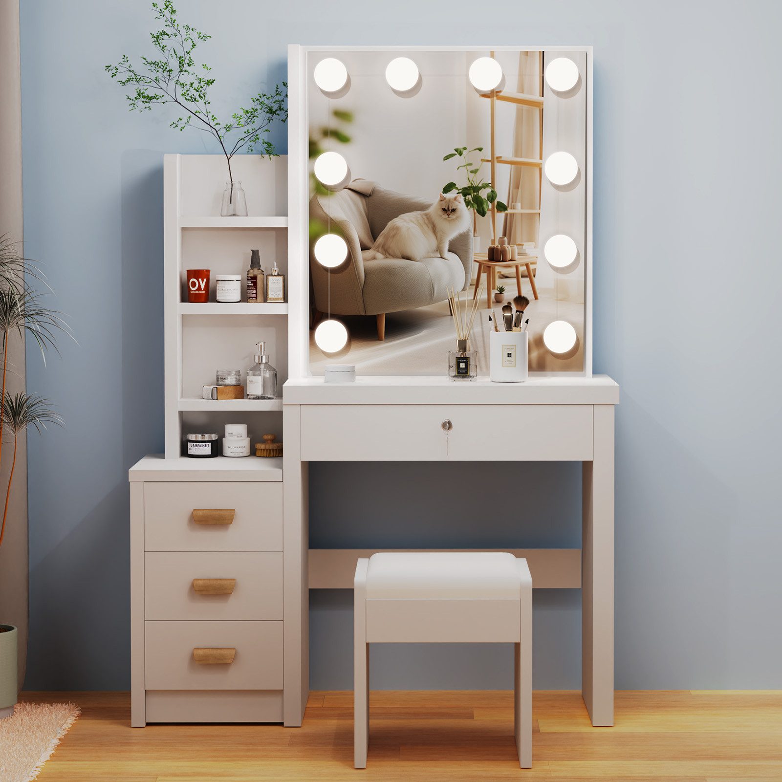 oyajia Schminktisch Frisierkommode mit Hocker, Frisiertisch Spiegel mit LED Beleuchtung (Make-up Tisch mit 4 Schubladen und 4 offene Ablagen), Frisiertisch Kosm – Bild 3 von 5