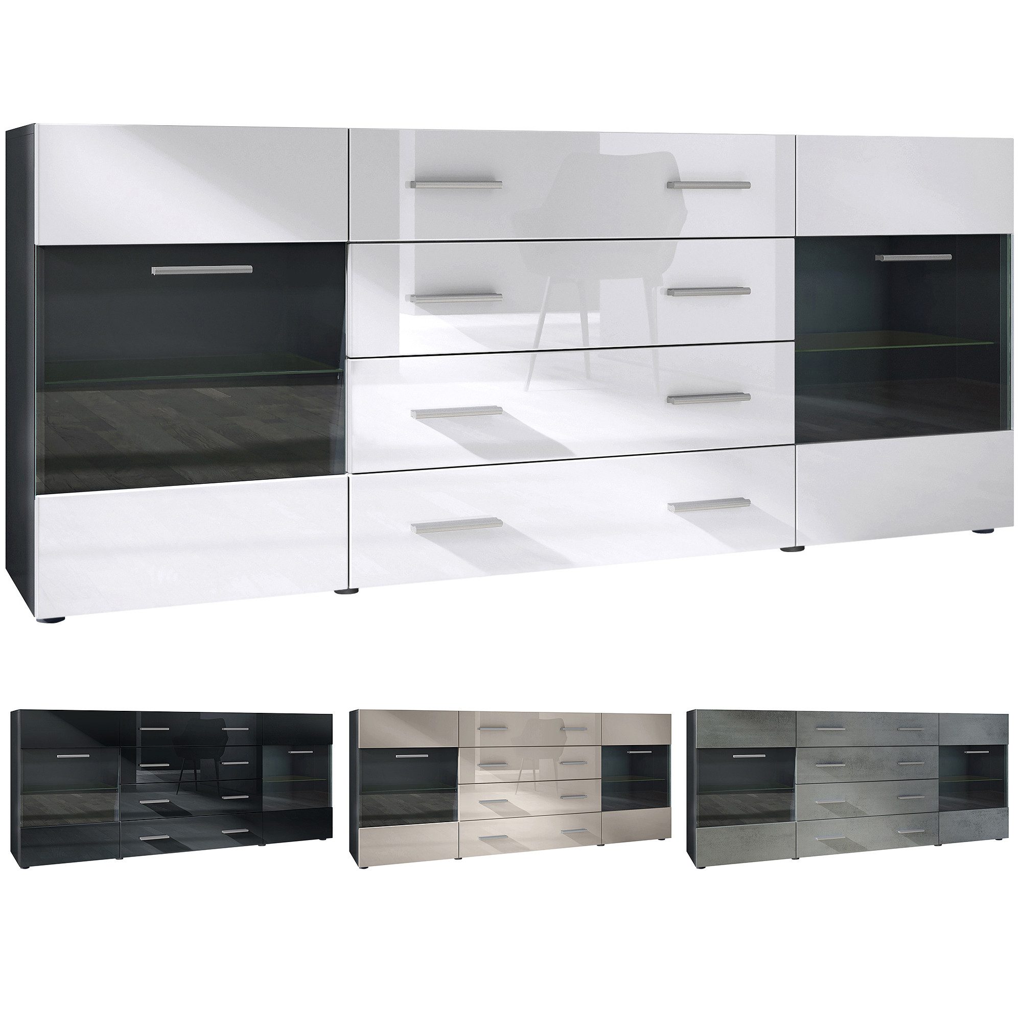 Vladon Sideboard Carlos V2 (Kommode mit 2 Türen, 4 Schubladen und 2 flexible Glaseinlegeböden), Schwarz matt/Creme Hochglanz (166 x 72 x 35)