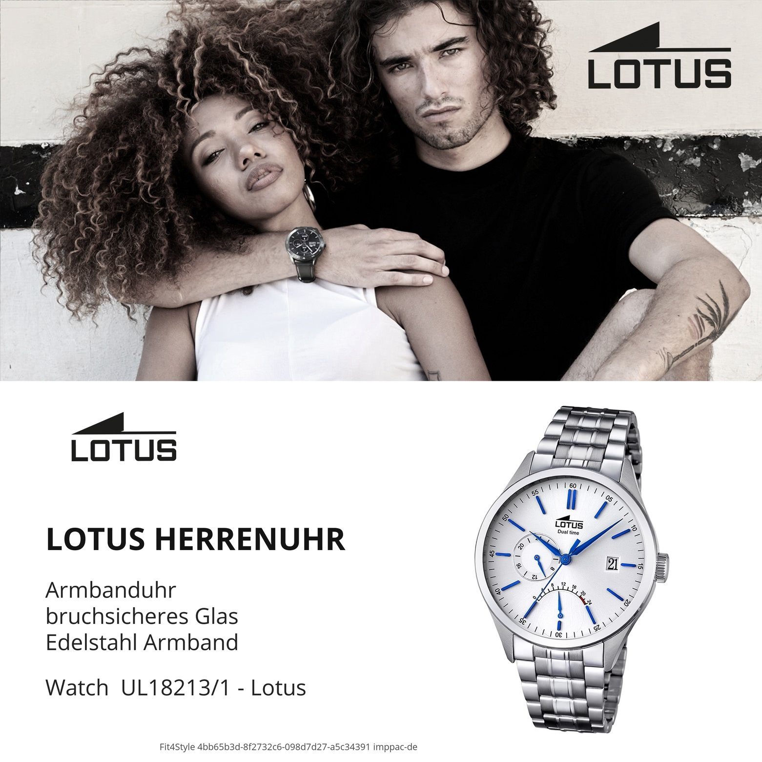 Lotus Multifunktionsuhr Armbanduhr (ca. 42mm), Uhr rund, L18213/1, Herren Elegant Herren groß Edelstahlarmband Lotus silber