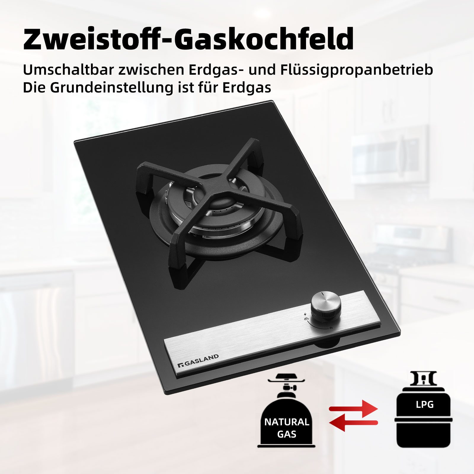 GASLAND Gas-Kochfeld GH12BF, Einbau Glas-Gaskochfeld Wokbrenner, 30 cm, 3400 W, Butan/LPG/Erdgas – Bild 4 von 5