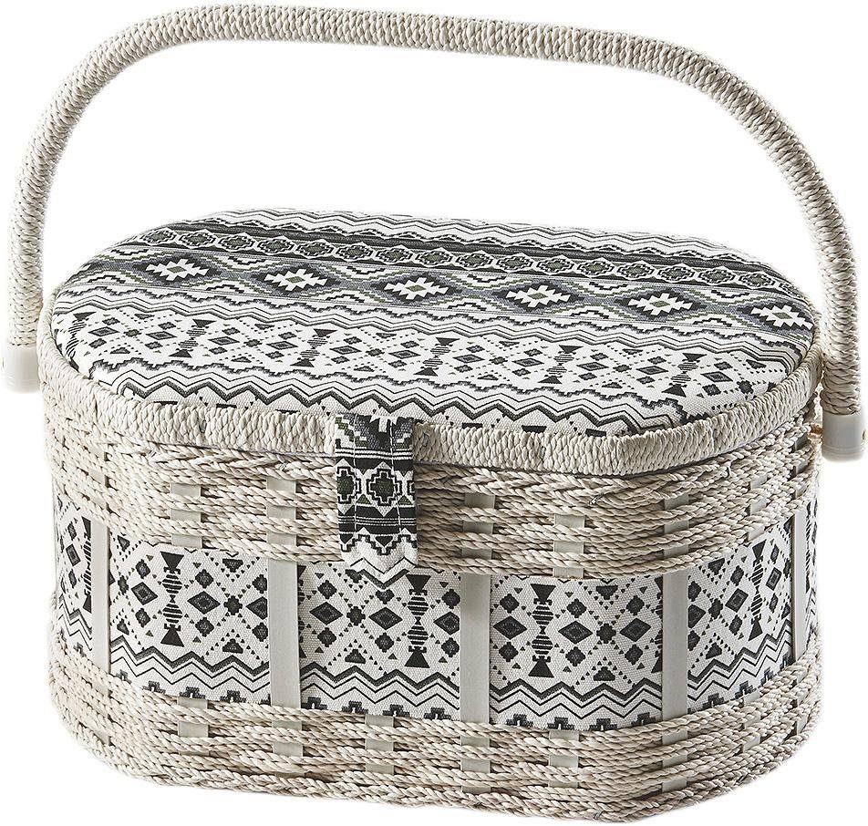locker Nähkästchen, oval, aus Kunststoff und Textil mit schwarz weißem Muster