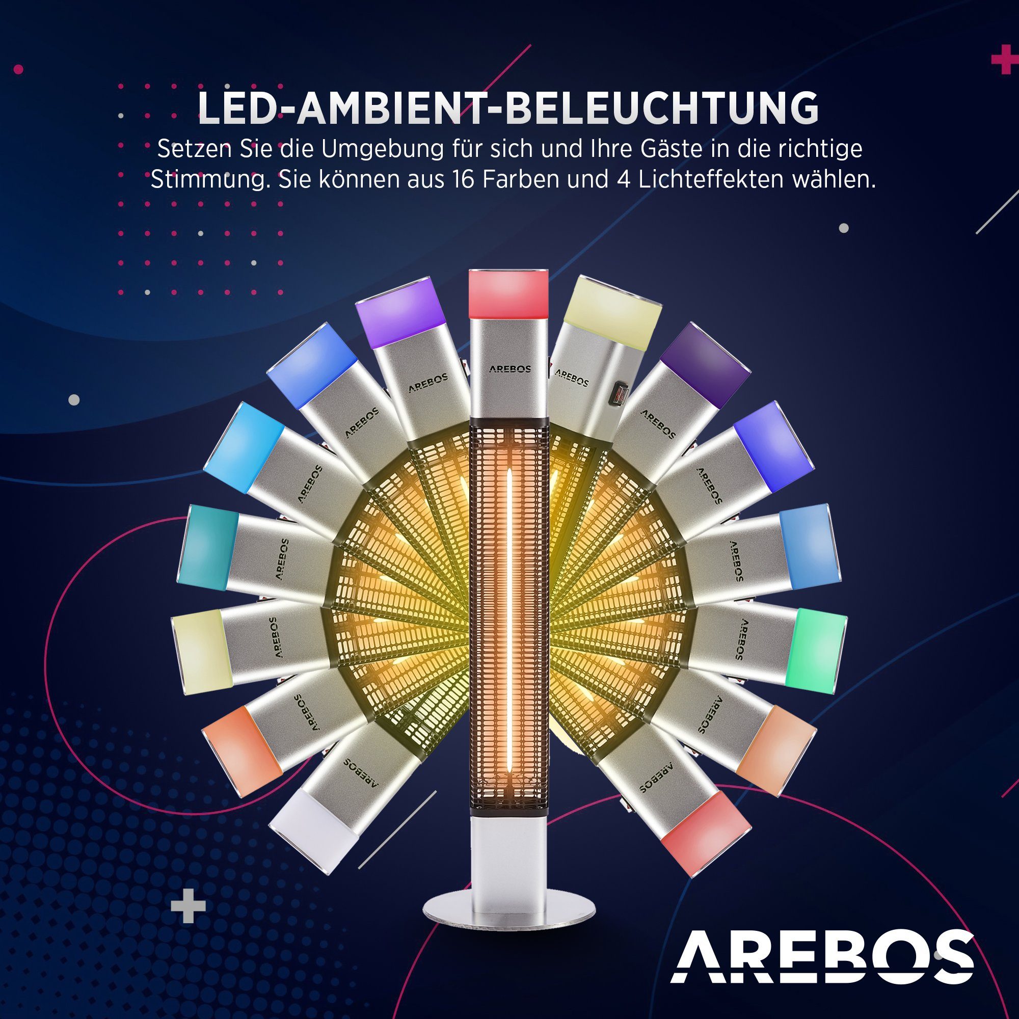Arebos Heizstrahler 1500 Watt Stand, inkl.16 Farben, LED-Licht mit Fernbedienung, integrierte Kipp-Abschalter, LED, Low-Glare-Technik