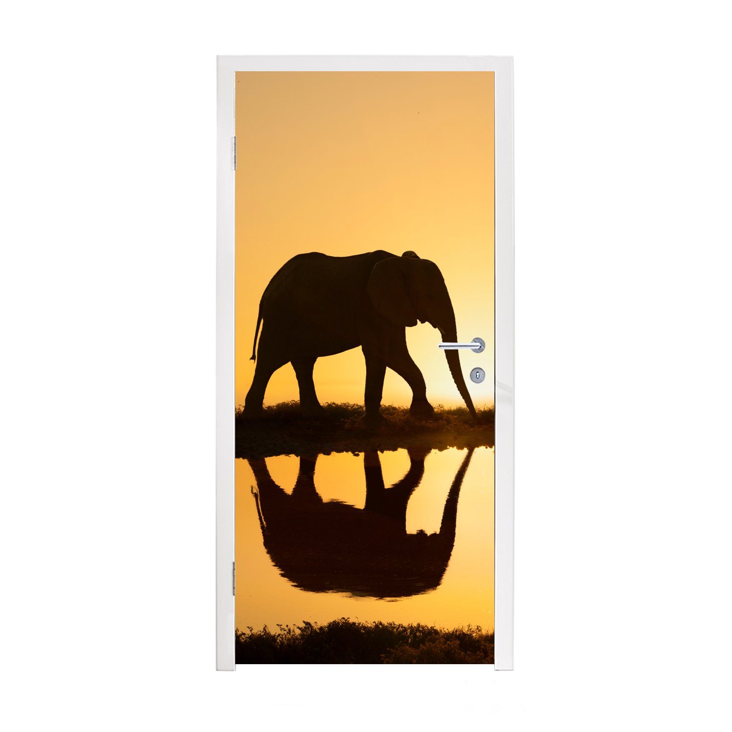 Tür, Elefanten Matt, bei Türaufkleber, Fototapete 75x205 Türtapete für (1 Sonnenuntergang, St), eines bedruckt, MuchoWow Silhouette cm
